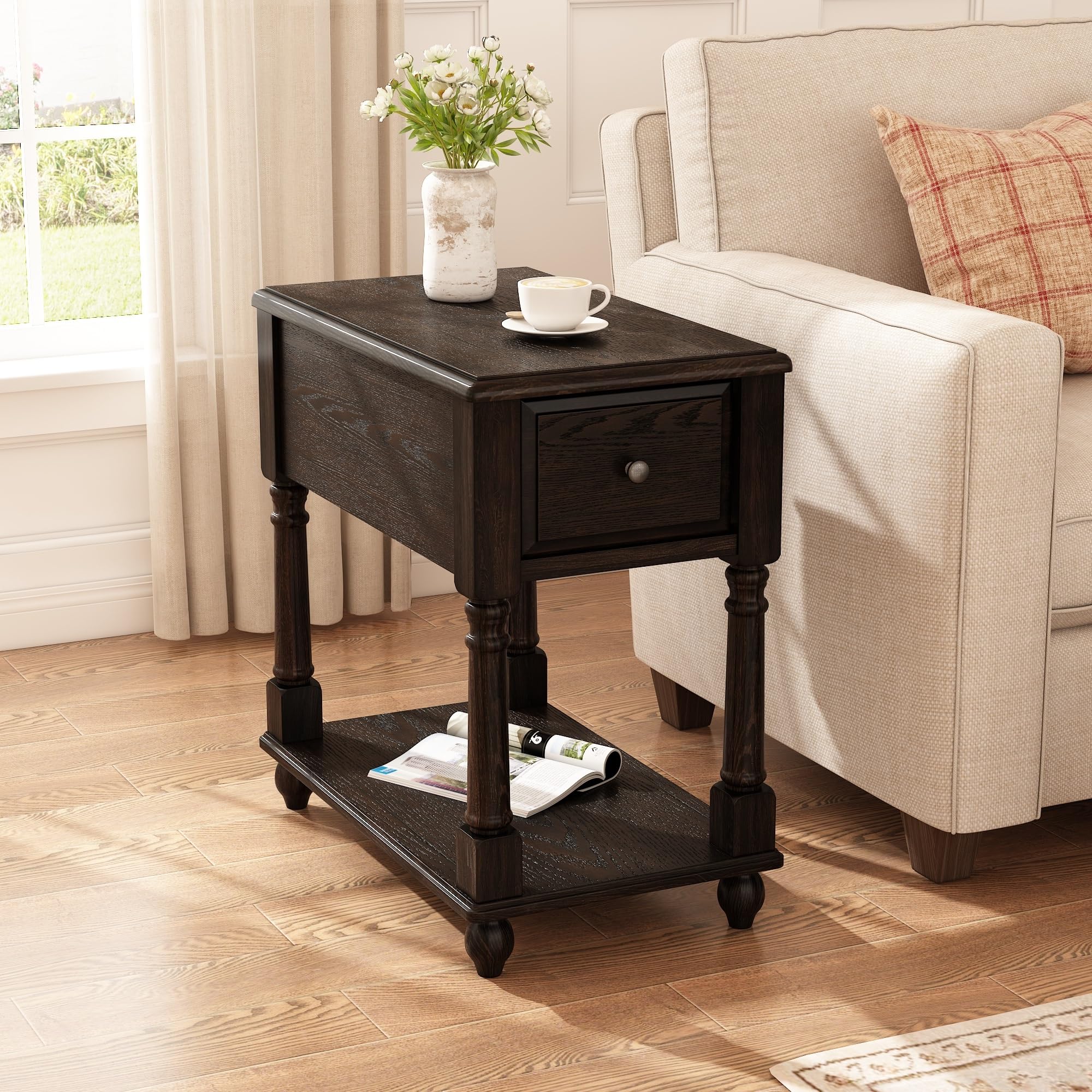 JESONVID Narrow Open End Table with Drawer Solid Wood Side Table 2-Tier Skinny Table with Storage Shelves Slim