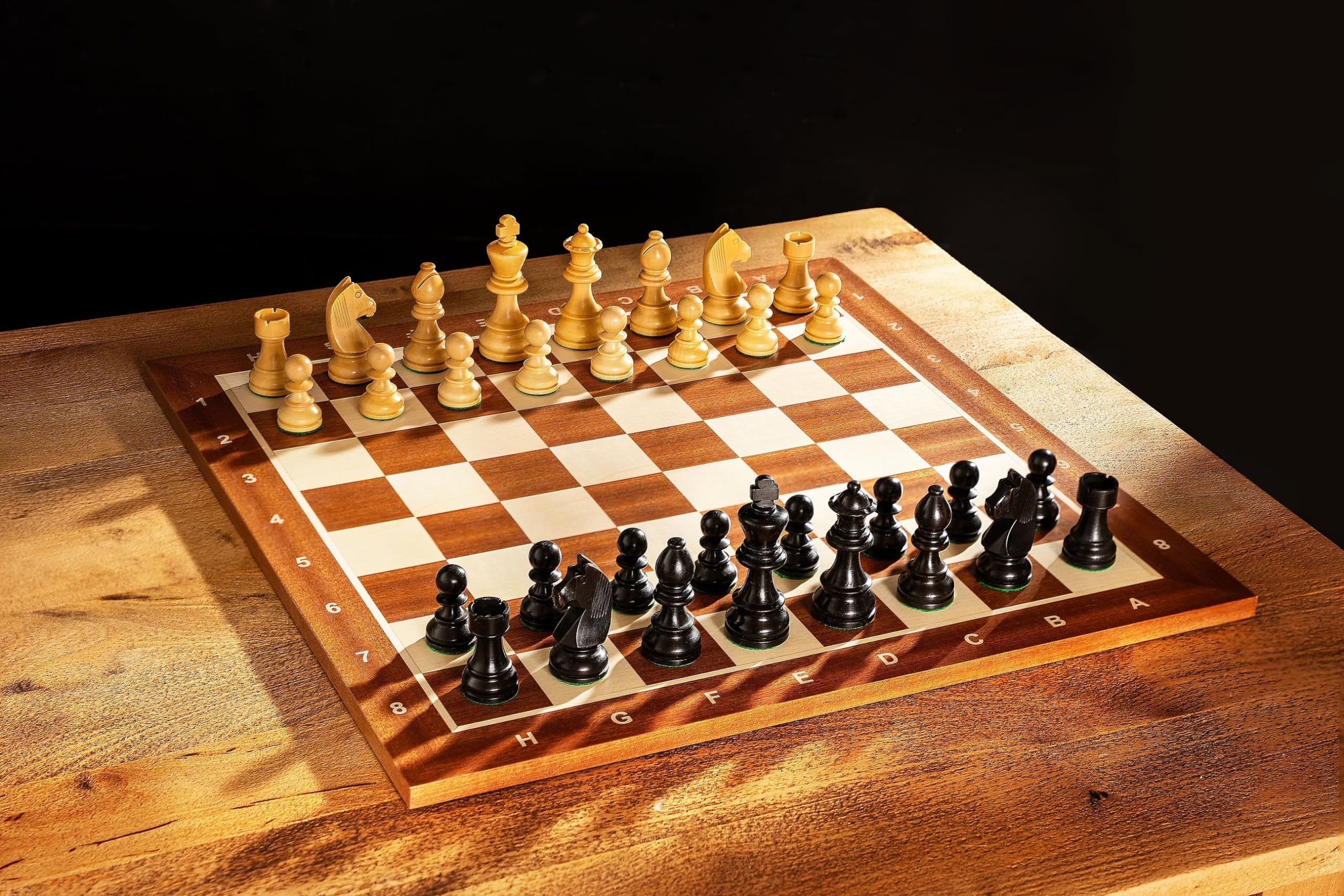 Sunrise Chess Schachbrett Nr. 5 Mit Beschreibung Mahagoni/Bergahorn Intarsien Turnier-Vorstand Elegantes Design Geschenkidee Ideal für mittlere Figuren Feldmaße: 50 mm