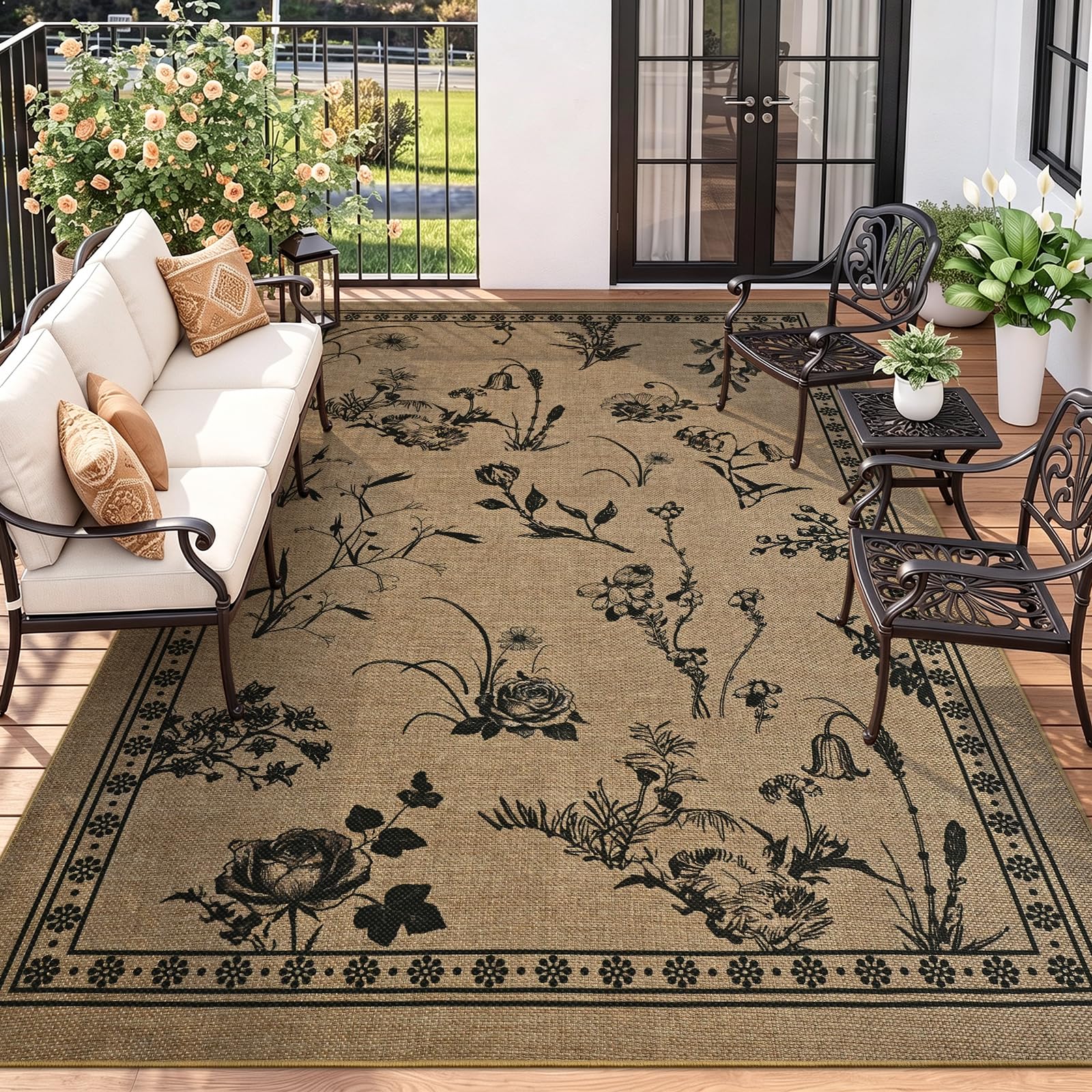 DweIke Easy Jute Outdoor Patio Rug, 4x6 Washable Rugs for Entryway Indoor Living Room, Modern Neutral Non Slip Non Shedding Door Carpet for Backyard Dining Room Farmhouse Kitchen, Tan-Floral