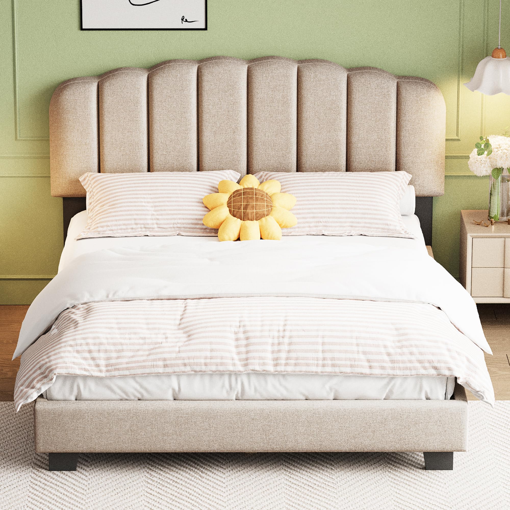Letto imbottito 140 x 200 cm, letto con rete a doghe (senza materasso), testiera regolabile, in lino, stile minimalista beige scuro