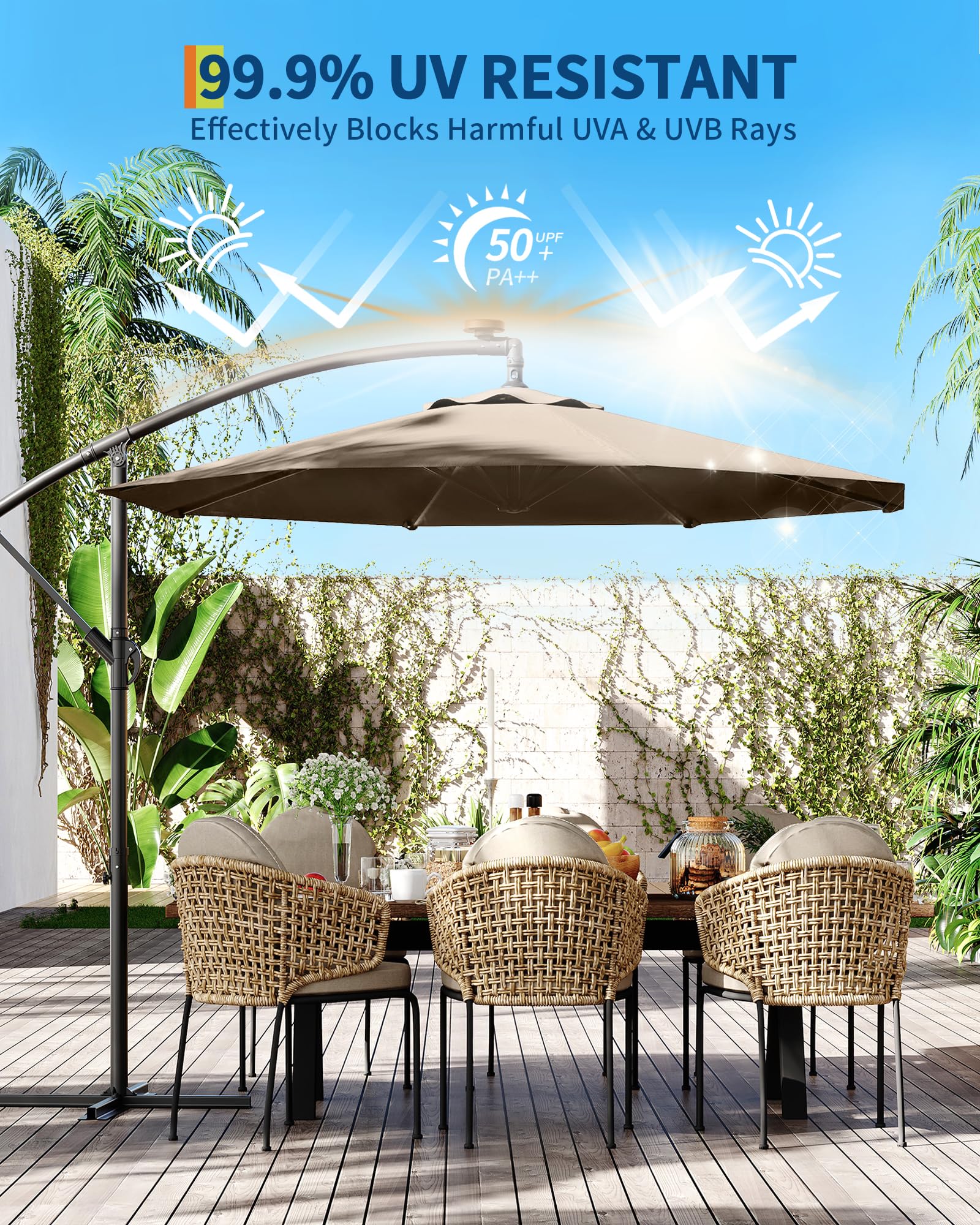 Cantilever Umbrella with Base Included, 10FT Shade for 2-6 People, Outdoor Offset Design with 360-Degree Rotation and Infinite Tilt, Durable Fade-Resistant Canopy for Deck Pool Garden Backyard, Tan : Patio