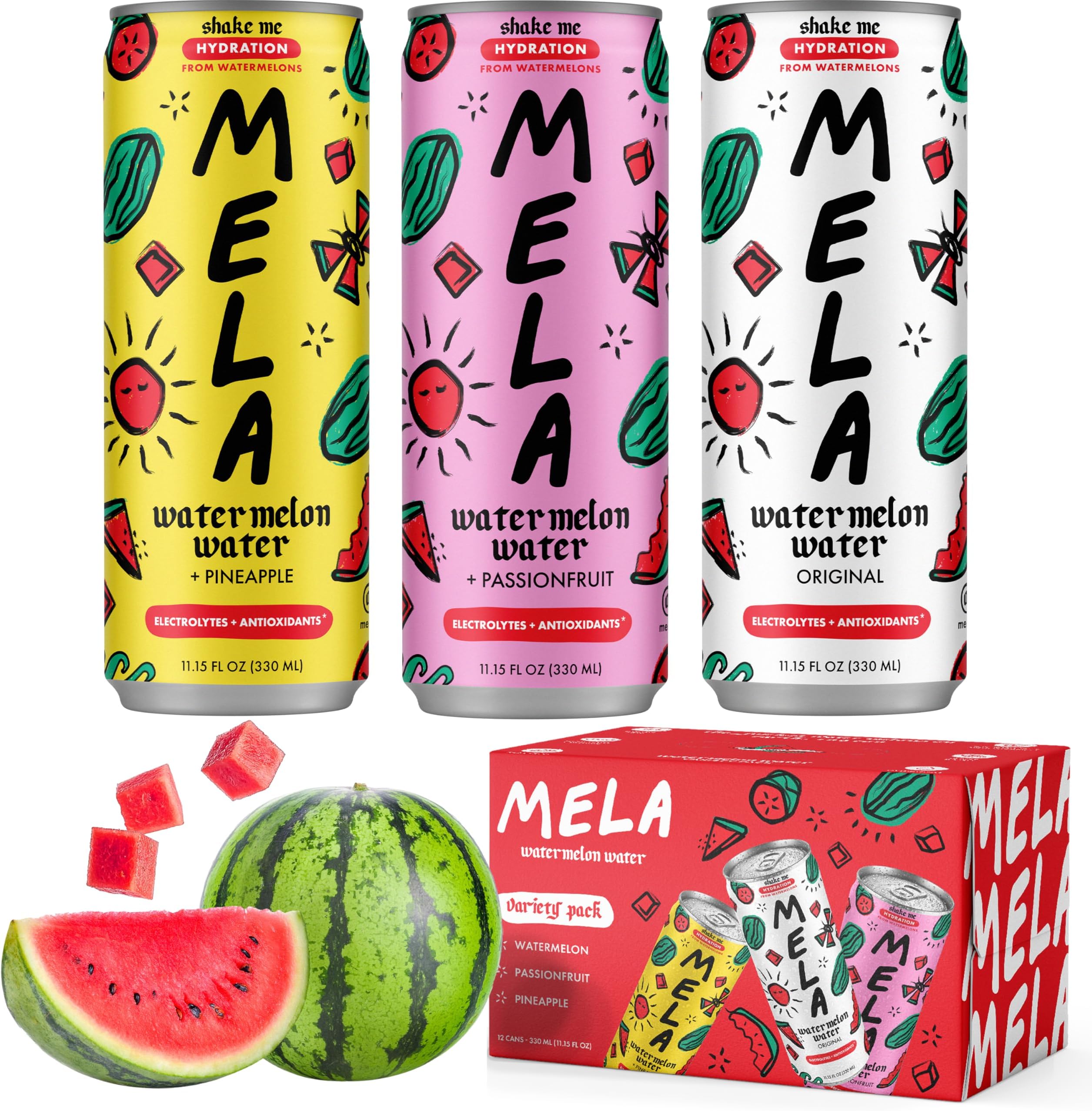 Mela Watermelon Water - Watermelon Juice, 100 Percent Natural Fruit Juice with Vitamin C, Electrolytes, Antioxidants - Coconut Water Alternative, Gluten-Free (Variety, 11.15 fl oz, 12-pack)