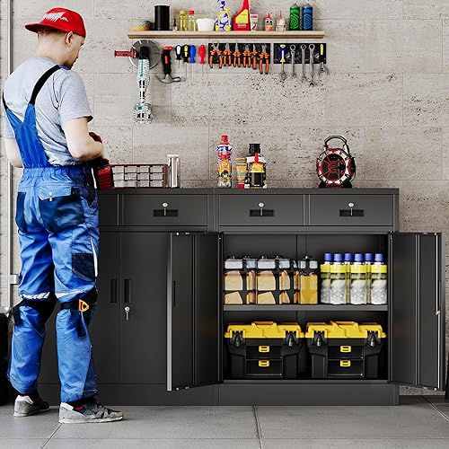 Miniatura 86 de Armario de almacenamiento de metal con puertas con cerradura y 2 estantes ajustables, gabinetes de metal de 71 pulgadas de alto, armarios de garaje,