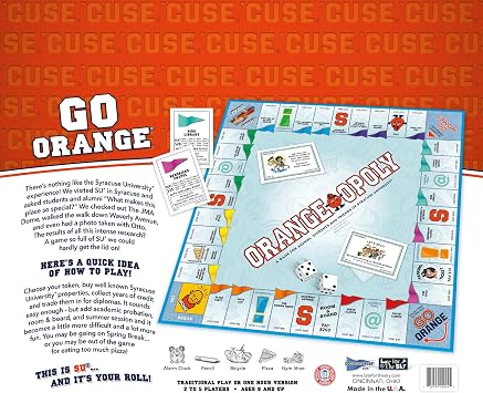 Late for The Sky Orange-opoly Syracuse University Board Game Collegiate Campus Property Trading Family Party Game for Alumni Students Fans, 26 Players, Tokens Included