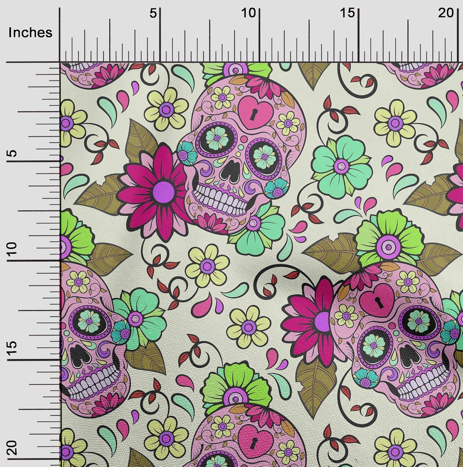 oneOone Polyester Spandex Cream Fabric Floral & Skull Skull DIY Clothing Quilting Material Print Fabric by Yard 56 Inch Wide