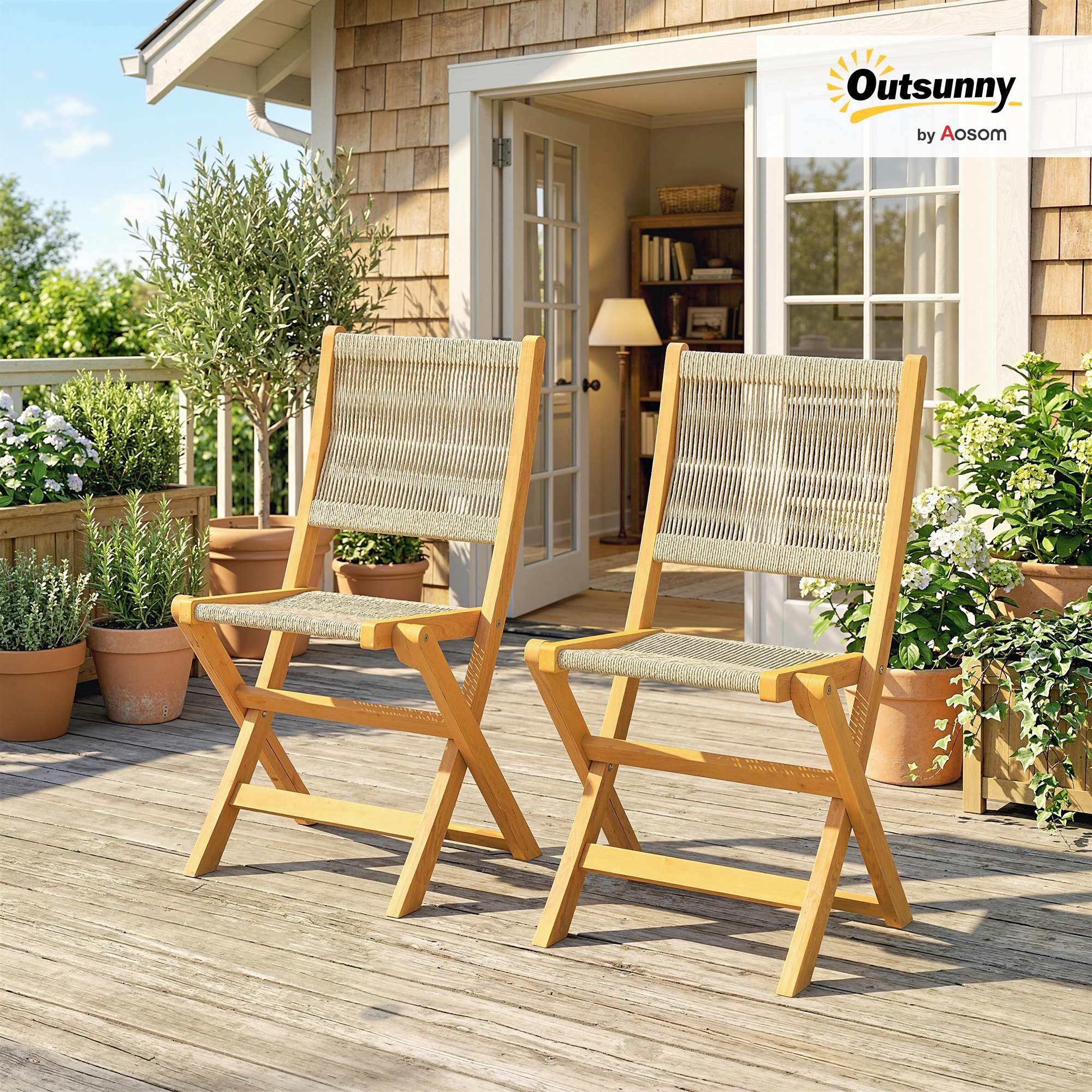 Outsunny Lot de 2 Chaises de Jardin Pliantes en Bois d'Acacia FSC - Chaises de Balcon avec Dossier et Assise en Corde Tressée - Gain de Place, Aucun Assemblage Requis, Charge 160 kg, Naturel et Beige