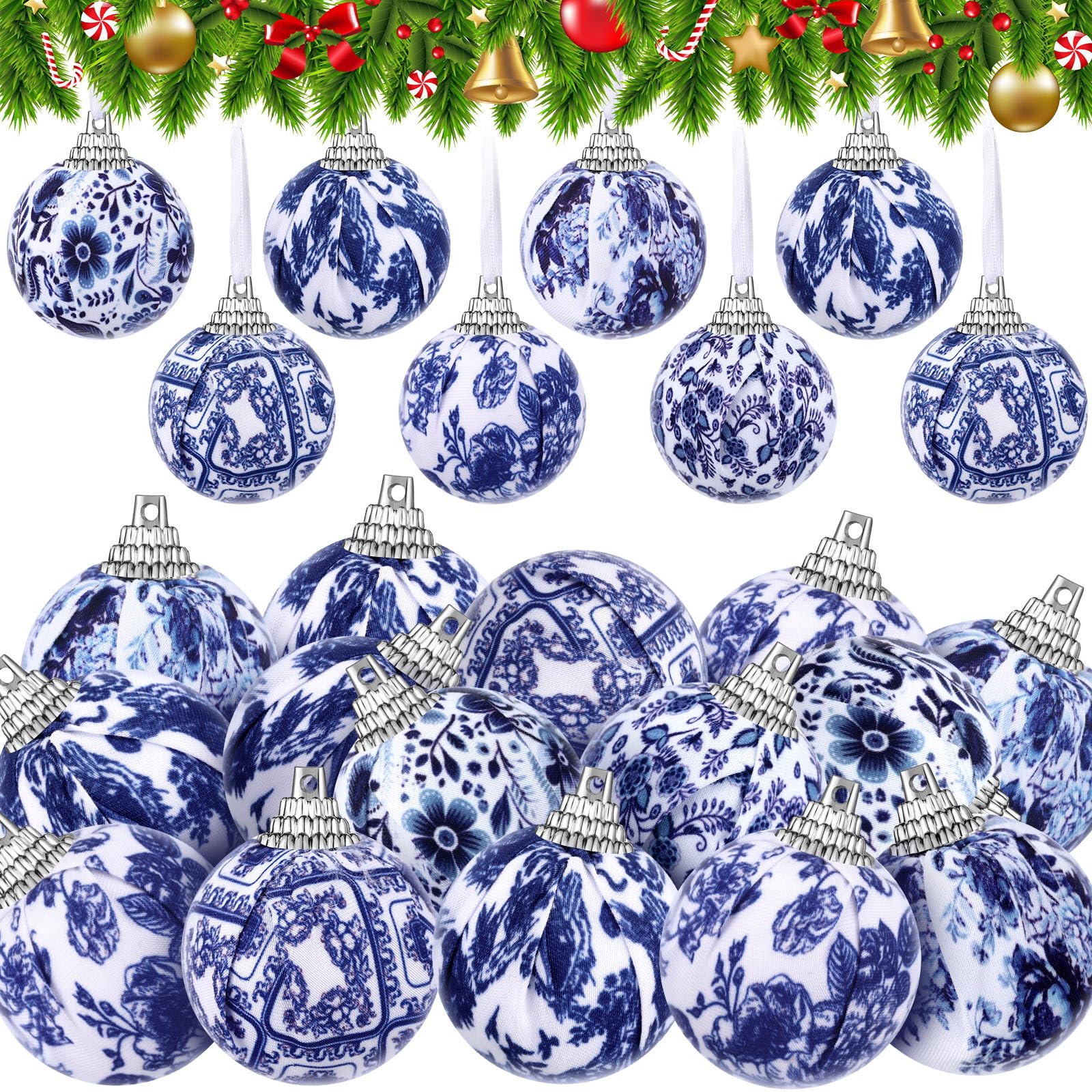24 Pcs Christmas Blue and White Ornaments Chinoiserie Hanging Ball Fabric Wrapped Ornament for Xmas Tree Christmas Party Supplies