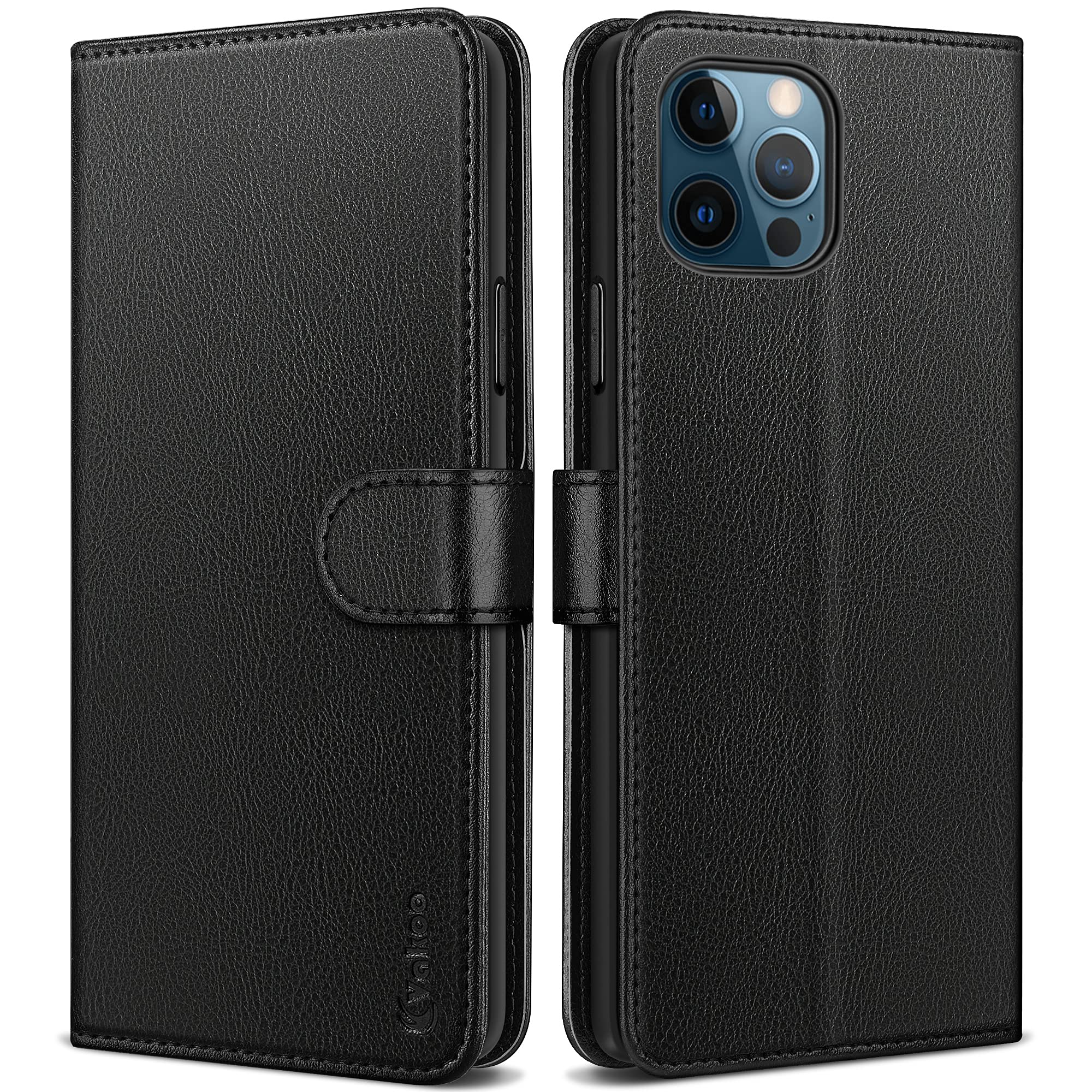Vakoo Case for iPhone 12, Case for iPhone 12 Pro, Flip Folio Faux Leather Phone Cover - Black