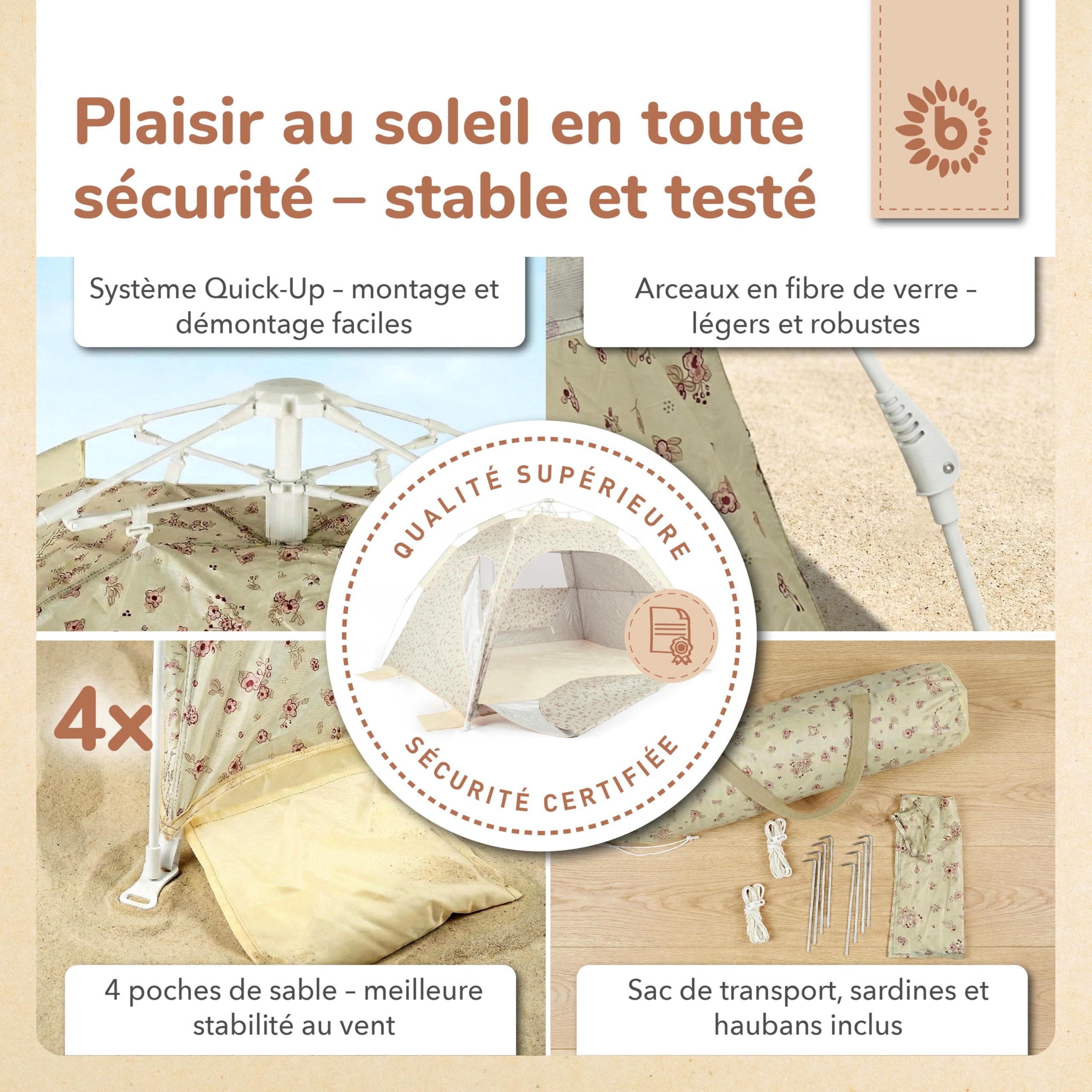 Bieco Tente de plage pop-up XXL - Tente de plage Quick-Up - Montage rapide avec protection UV 80+ - Protection solaire et pour bébé, enfants et famille - Tente automatique 3 à 4 personnes - Fleurs