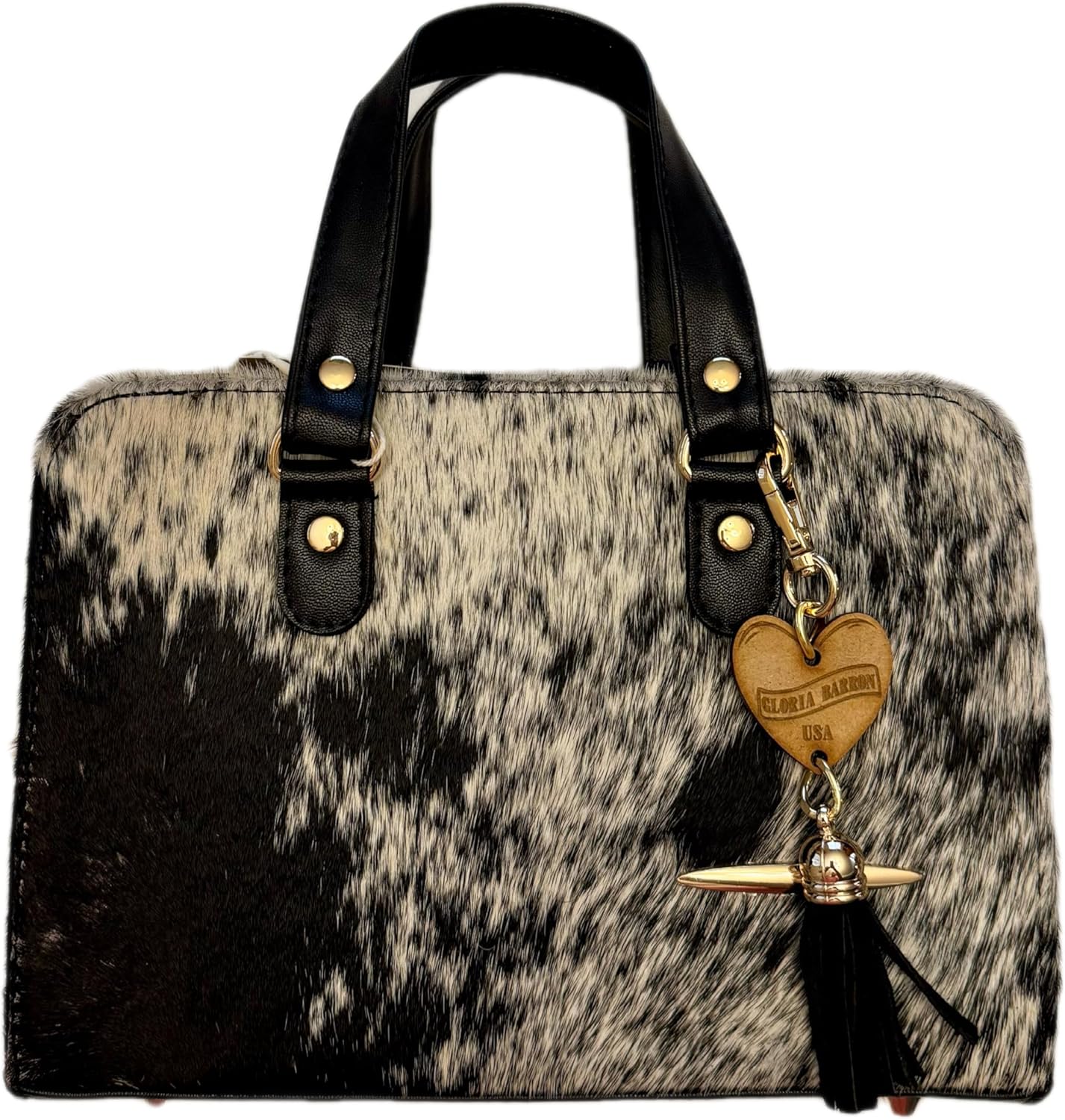 Luxury Cowhide Leather Handbag, Black Embossed Floral and Natural Hair Design, Double Handle with Crossbody Strap, Artisan Crafted with Tassel Charm