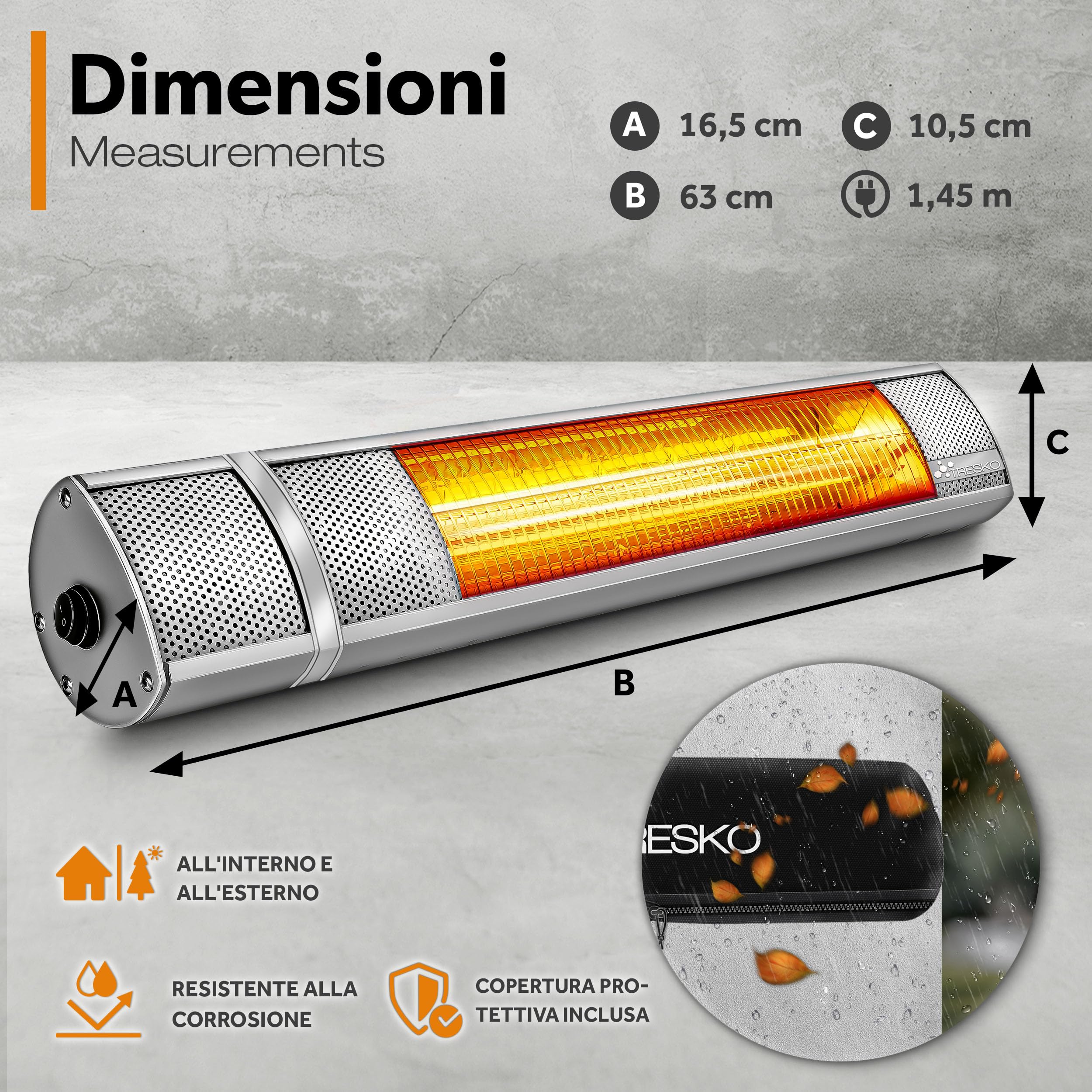 TRESKO Stufa a Infrarossi 2000W Telecomando 3 Livelli Calore Riscaldatore Patio Interno Esterno Parete Quarzo Argento
