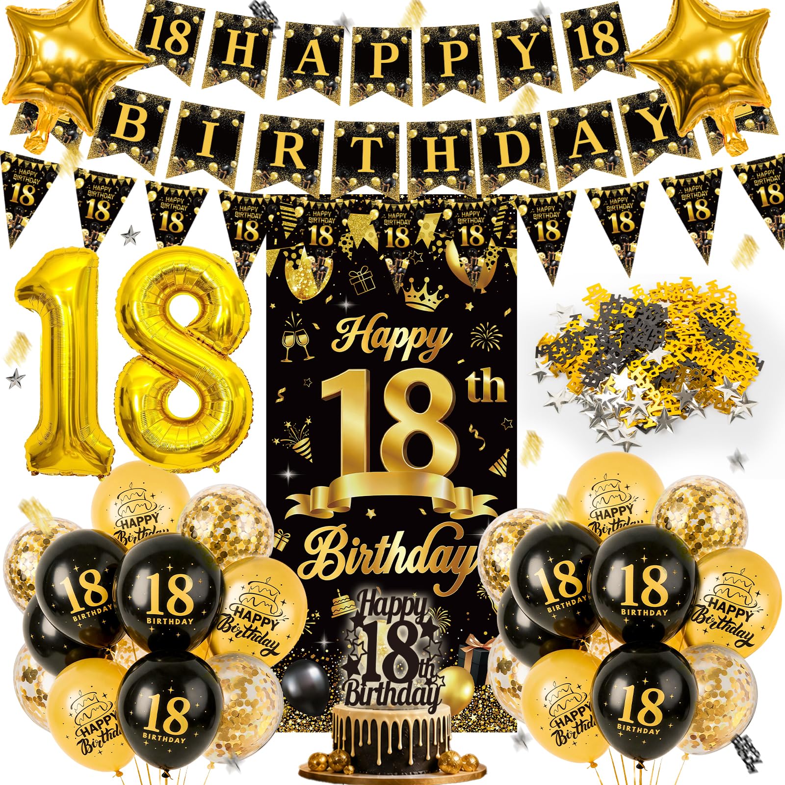 18th Birthday Decorations Boys Girls, Black & Gold Banner & Balloons Set