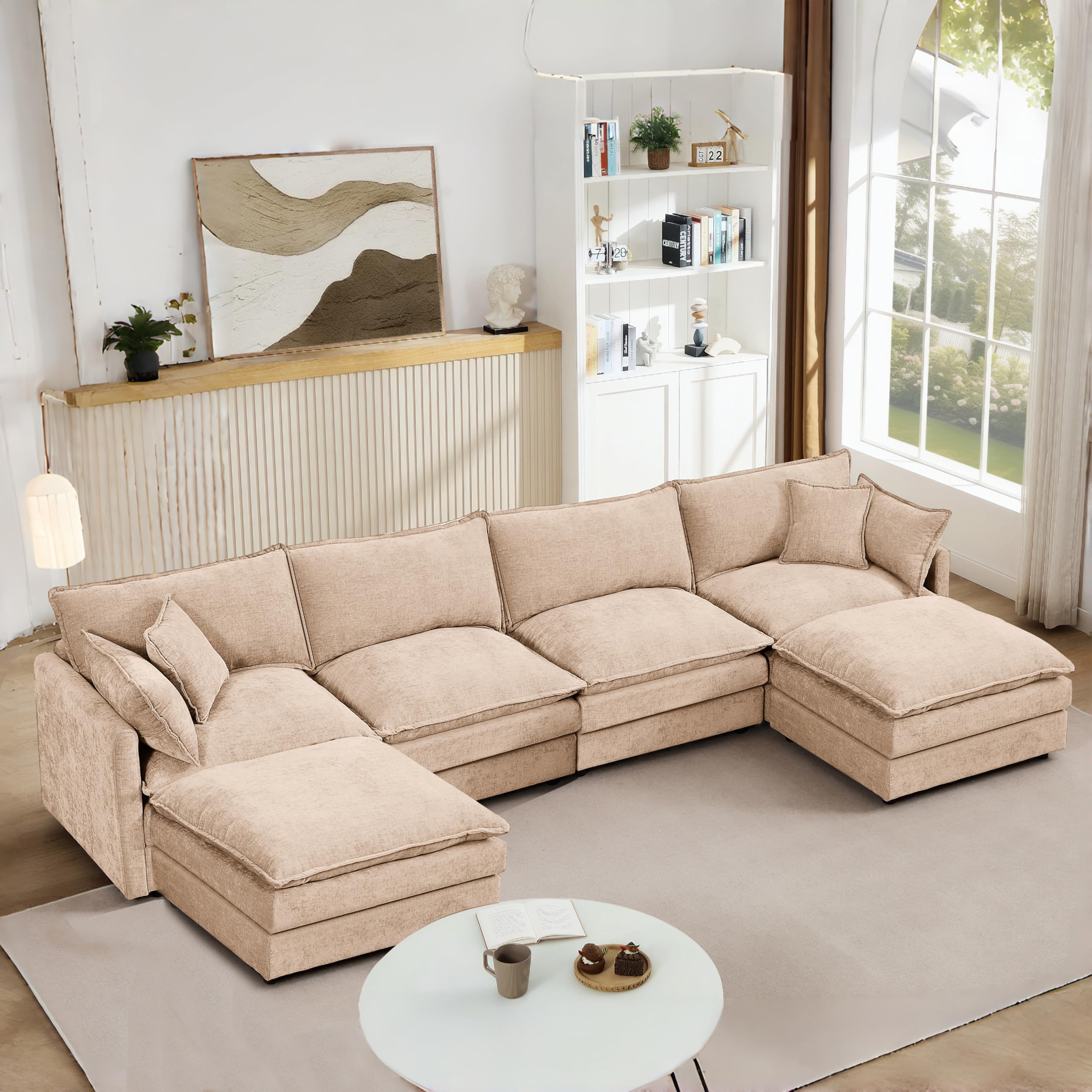 Eafurn 130.71" Oversized Reversible Modular Sectional Sofa Couch with 2 Ottomans - Deep Seat Chenille Modern U Shaped Sofa with Thickness Cushions and