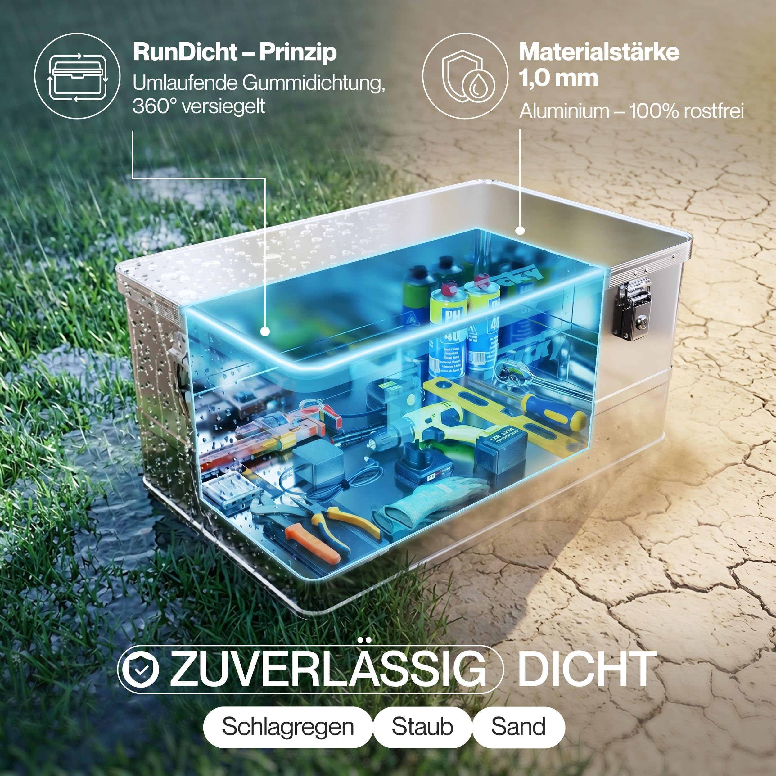 Trucky Caja de aluminio con tapa, 85 L, color plateado | Caja de transporte, caja de metal, caja de almacenamiento, caja de metal