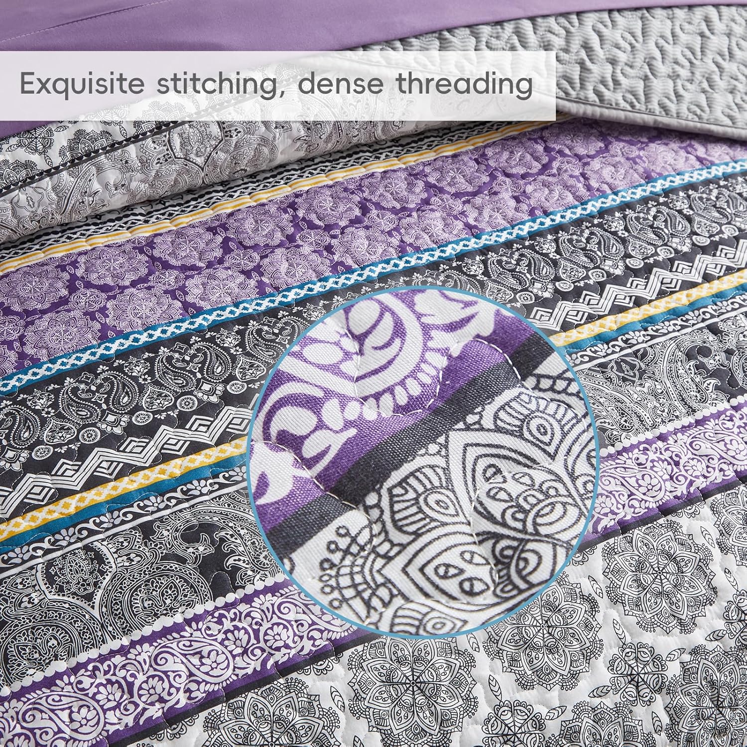 Flysheep 2 Pieces Colorful Boho Quilt Set Twin Size, Purple n Grey Bohemian Striped Printed Bedding Bedspread Coverlet Set for Summer, Soft Lightweight Microfiber Quilt with 1 Sham (68x86 inces)