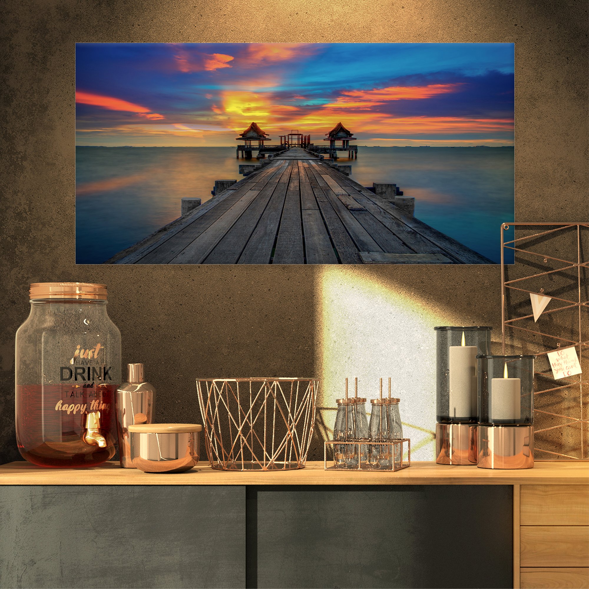 Design ArtWide Wooden Bridge into Distant Sun-Sea Pier Wall Art Print-32X16, canvas, off- White, 32x16