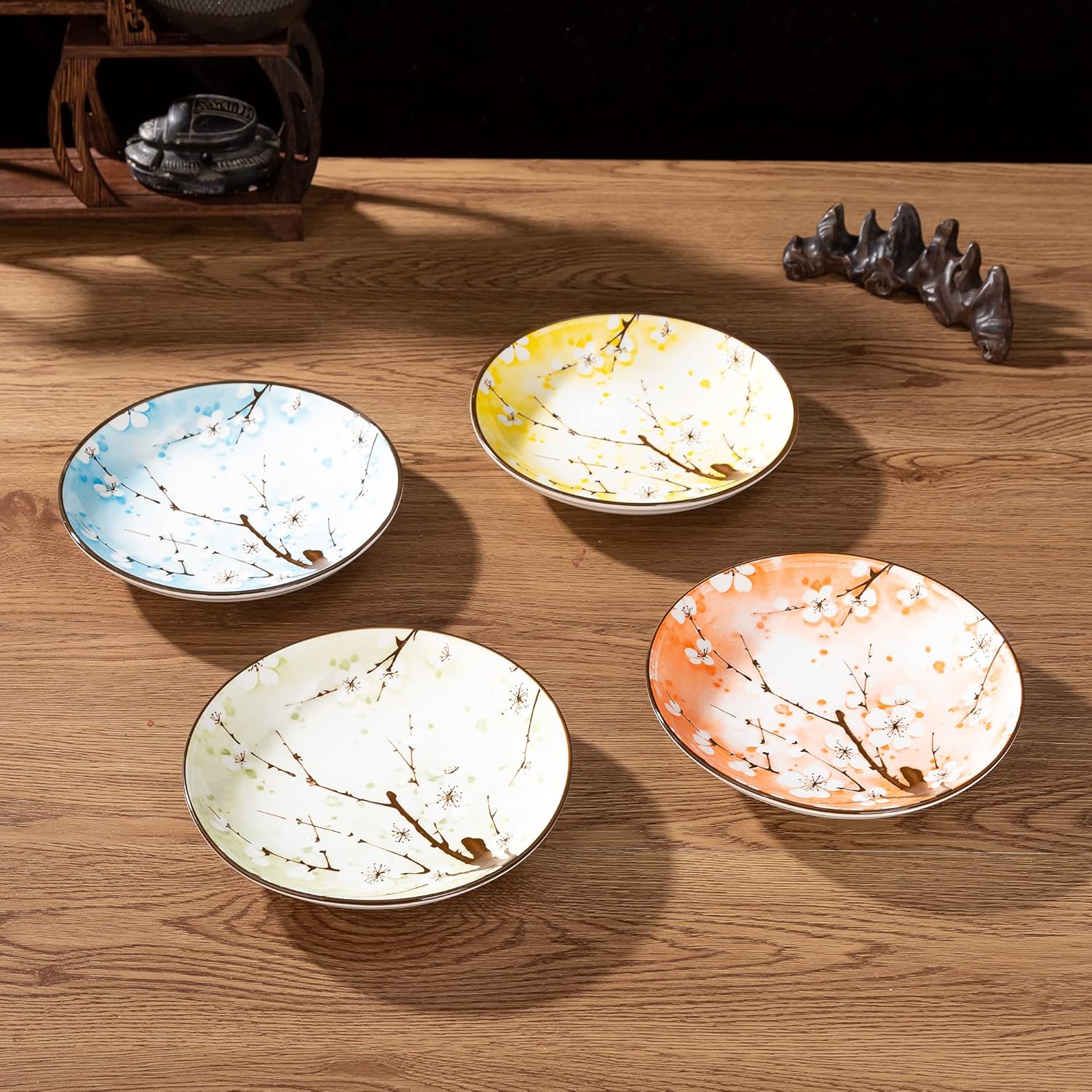 TJ Global Set of 4 Japanese Pottery Ceramic 7 Inch Plates for Any Meal and Any Dish, Japanese Dinnerware and Tableware Comes in Assorted Colors with Cherry Blossom Design
