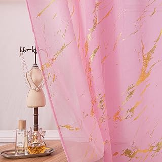 Sutuo Home Marble Sheer Curtains 84 Inch Length 2 Panels Set, Gold Print Metallic Bronzing, Privacy Window Treatment Abstract Drape Pair for Bedroom Kitchen Living Room 52" W x 84" L, Pink