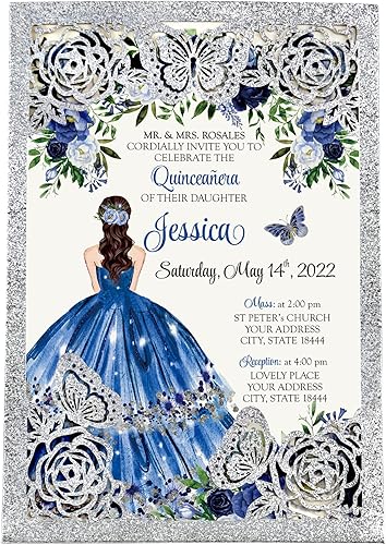 DORIS HOME 50 invitaciones de mariposa azul para quinceañera, 15 años, dulce 16, señorita XV, tarjetas de invitación de membrillo cortado con láser