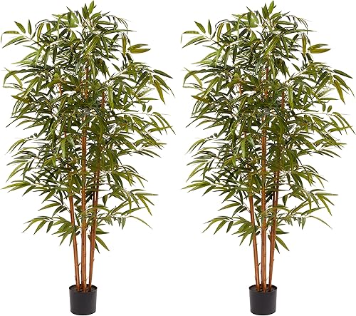 Pure Garden Juego de 2 plantas artificiales de bambú para interiores, plantas de piso de imitación de 6 pies de alto con tronco de madera natural