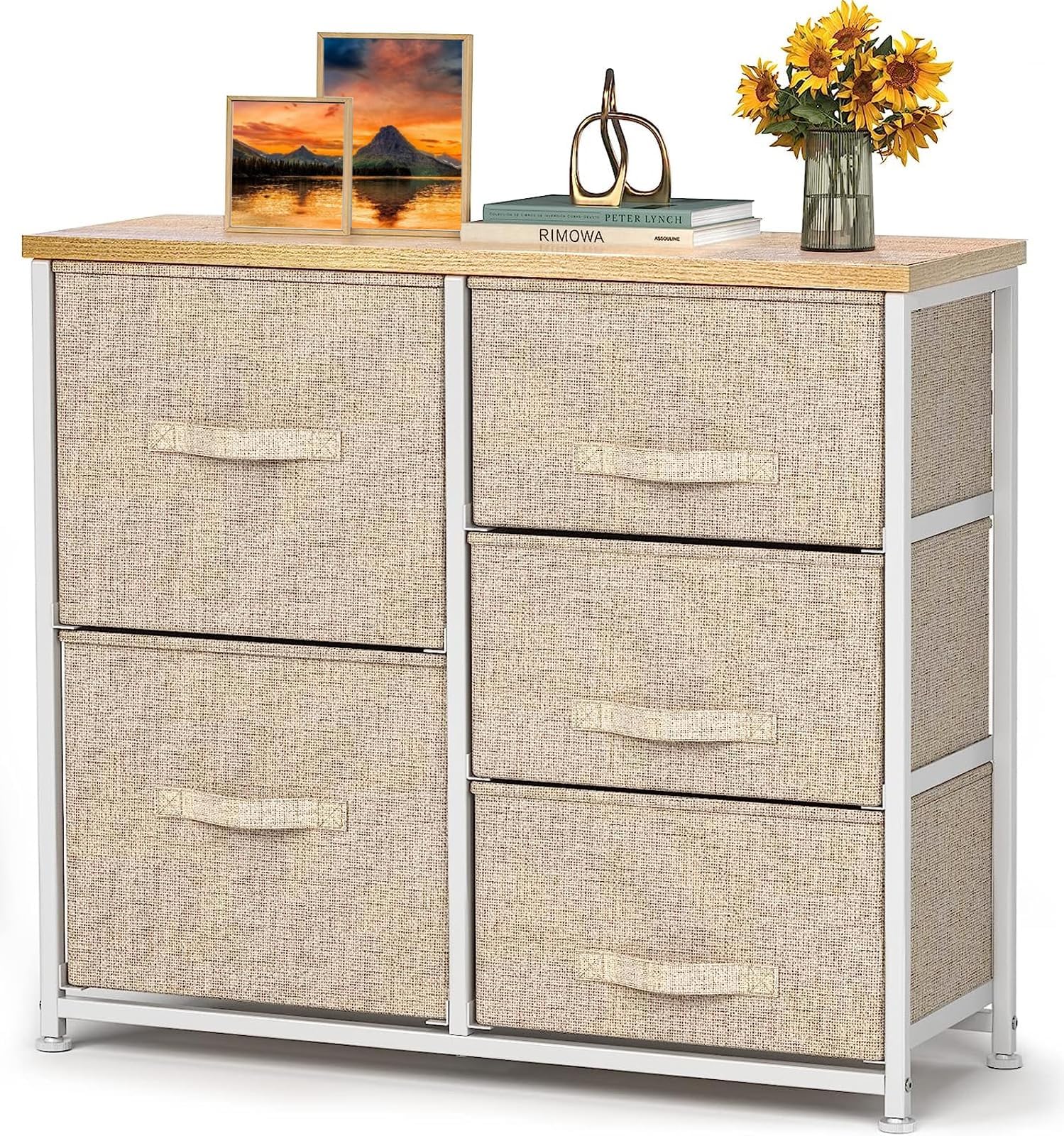 Pipishell Fabric Dresser, 5 Drawer Storage Chest Tower, Organizer Unit for Bedroom, Hallway, Entryway, Closets and Living Room -Sturdy Steel Frame, Wood Top, Easy Pull