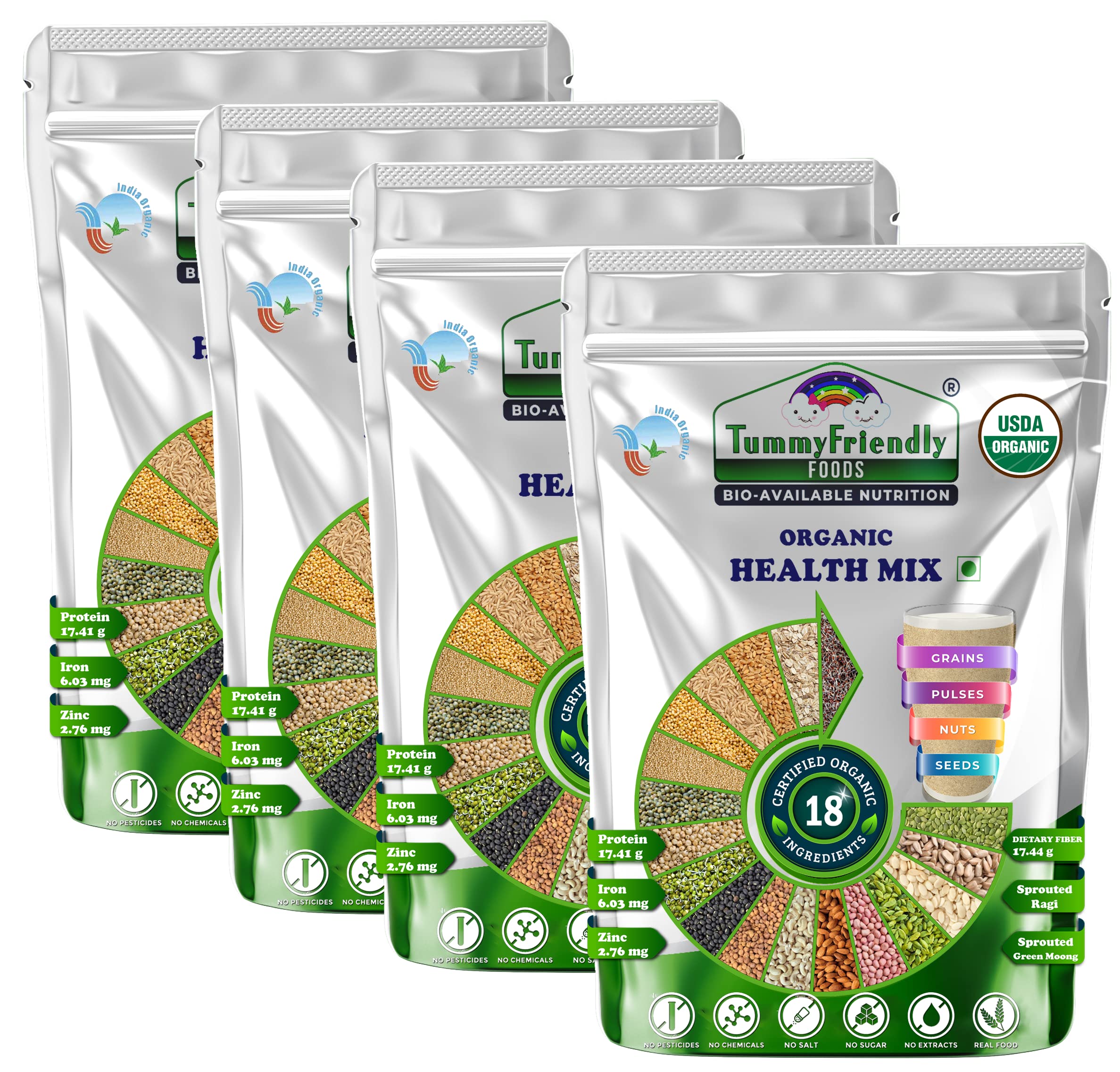 TummyFriendly Foods Organic Health Mix Powder For Adults Organic | Health Mix Powder For Women and Kids with Sprouted Ragi Powder, Green Moong, Oats, Nuts, Seeds | Millet Health Mix | 800g - 4 Packs (B09XYT122G) Amazon Price History, Amazon Price Tracker