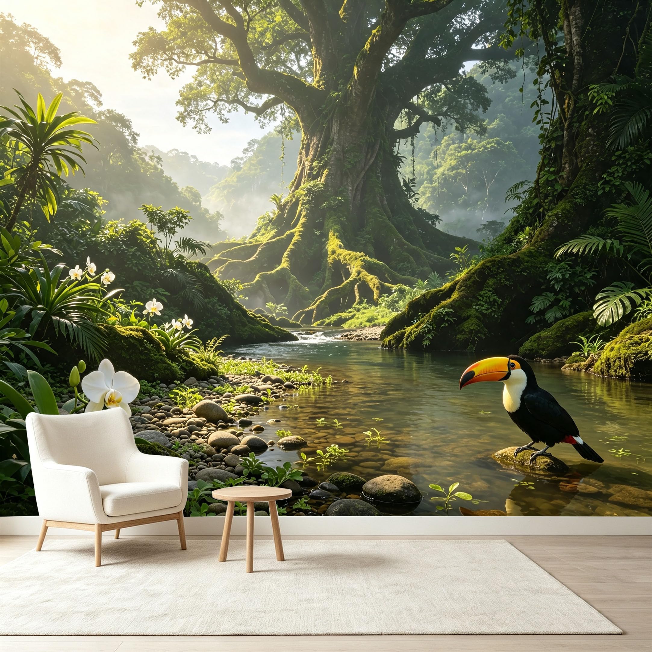 Custom Size Wall Murals Tropical Jungle Rainforest River Toucan Bird Exotic Plants Self-Adhesive Wall Fabric Removable Wallpaper Wall Decor for Living Room Bedroom Bathroom