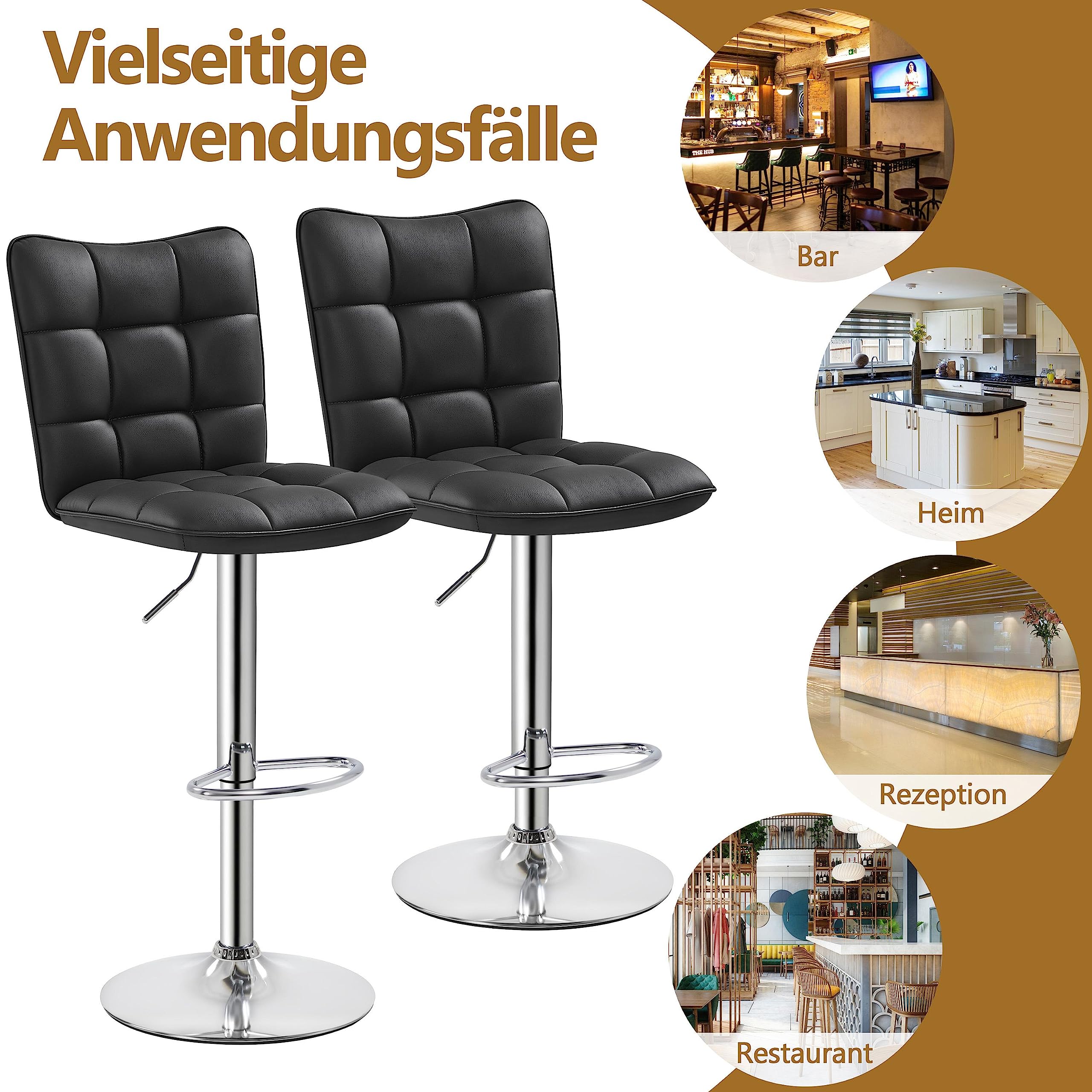 Yaheetech 2er Set Barhocker Barstühle 360°Drehbar Küchenstühle mit Rückenlehne und Fußstütze, Barstuhl PU-Kunstleder Sitzhöhe 62,5 cm - 83 cm für die Küche/Bar/Salon, Höhenverstellbar Schwarz