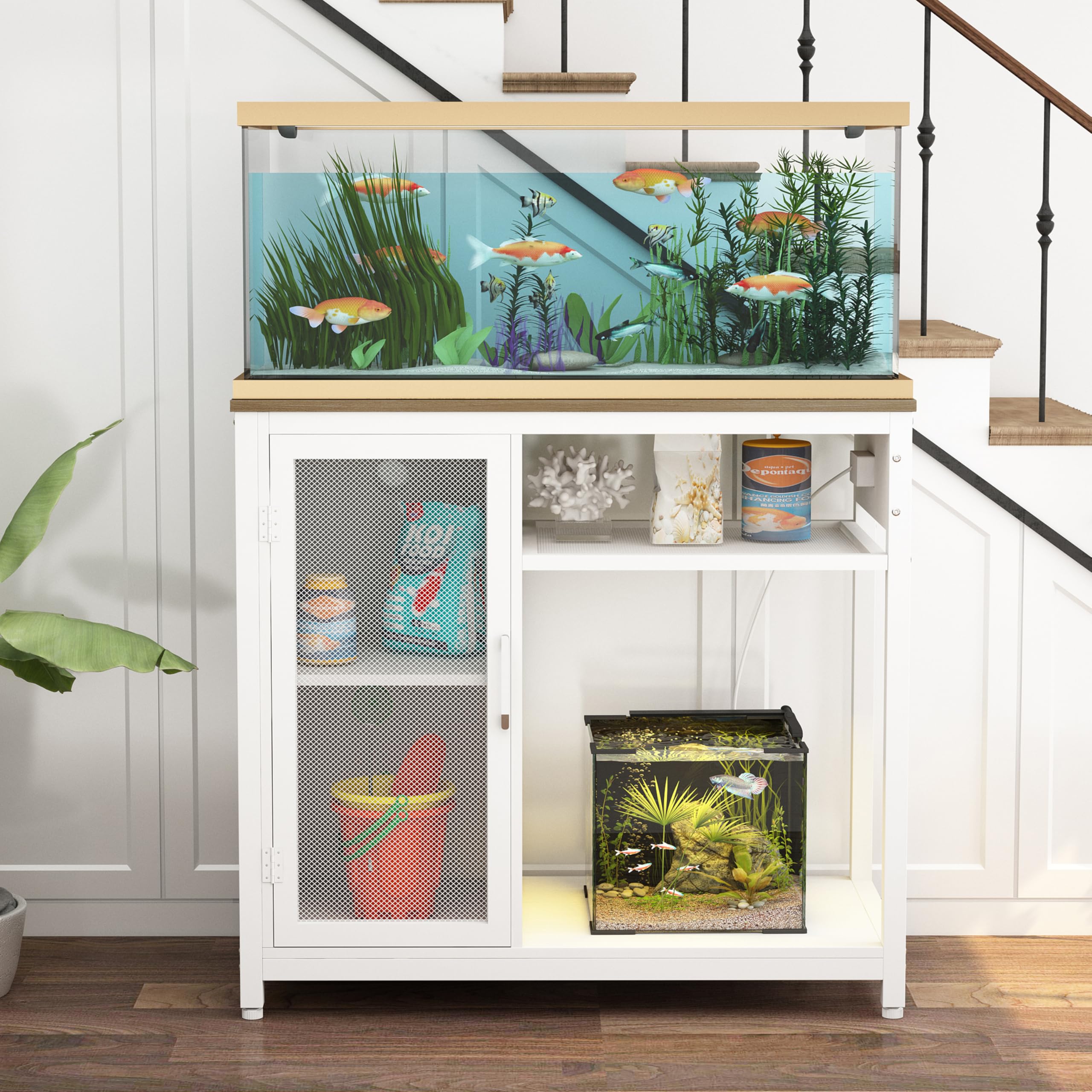 GarveeHome 40-50 gal Aquarium Stand,Fish Tank Stand with Power Outlets, Aquarium Cabinet for Fish Tank,Metal Fish Tank Stand with Storage Suitable for Turtle Tank, Reptile Terrarium, 660 LBS Capacity, White, White