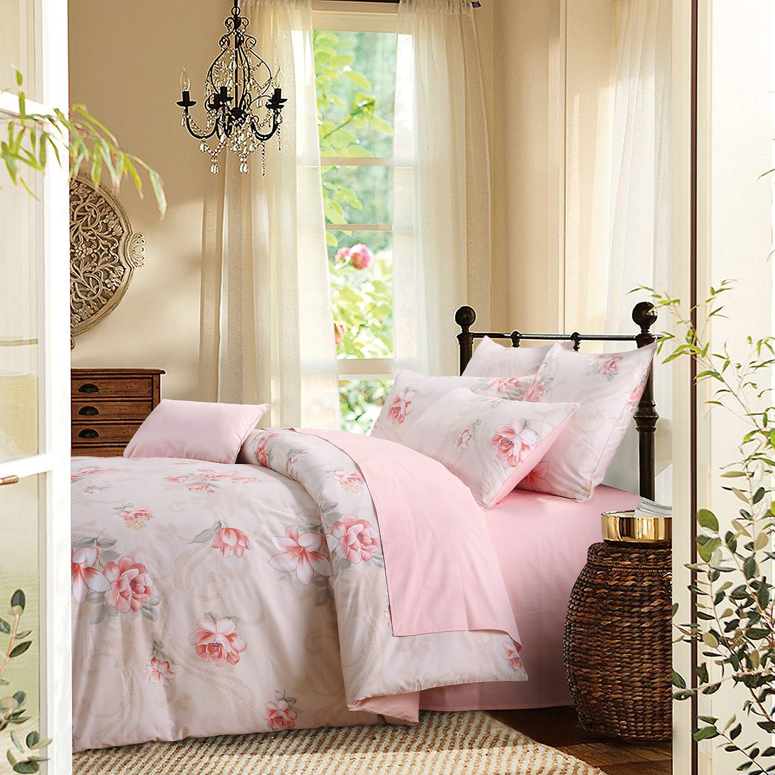 USTIDE Pink Floral Pattern 100% Cotton Bedding-Super King Duvet Cover Set,3-Piece Set including 2 Pillowcases - Image 2