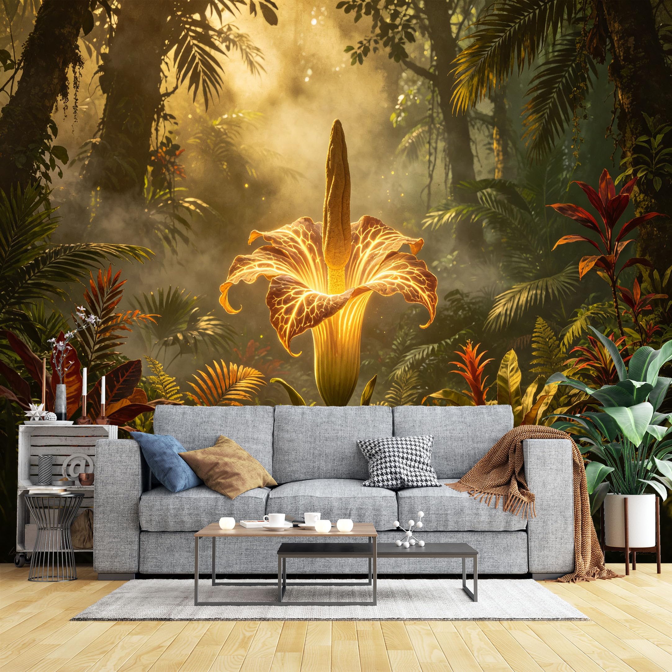 Lcythiazole Ch260604166 Custom Size Wall Murals Giant Glowing Bloom Misty Rainforest Wall Murals Fantasy Nature Wallpaper Realistic Self-Adhesive Removable Wallpaper For Living Room Bedroom