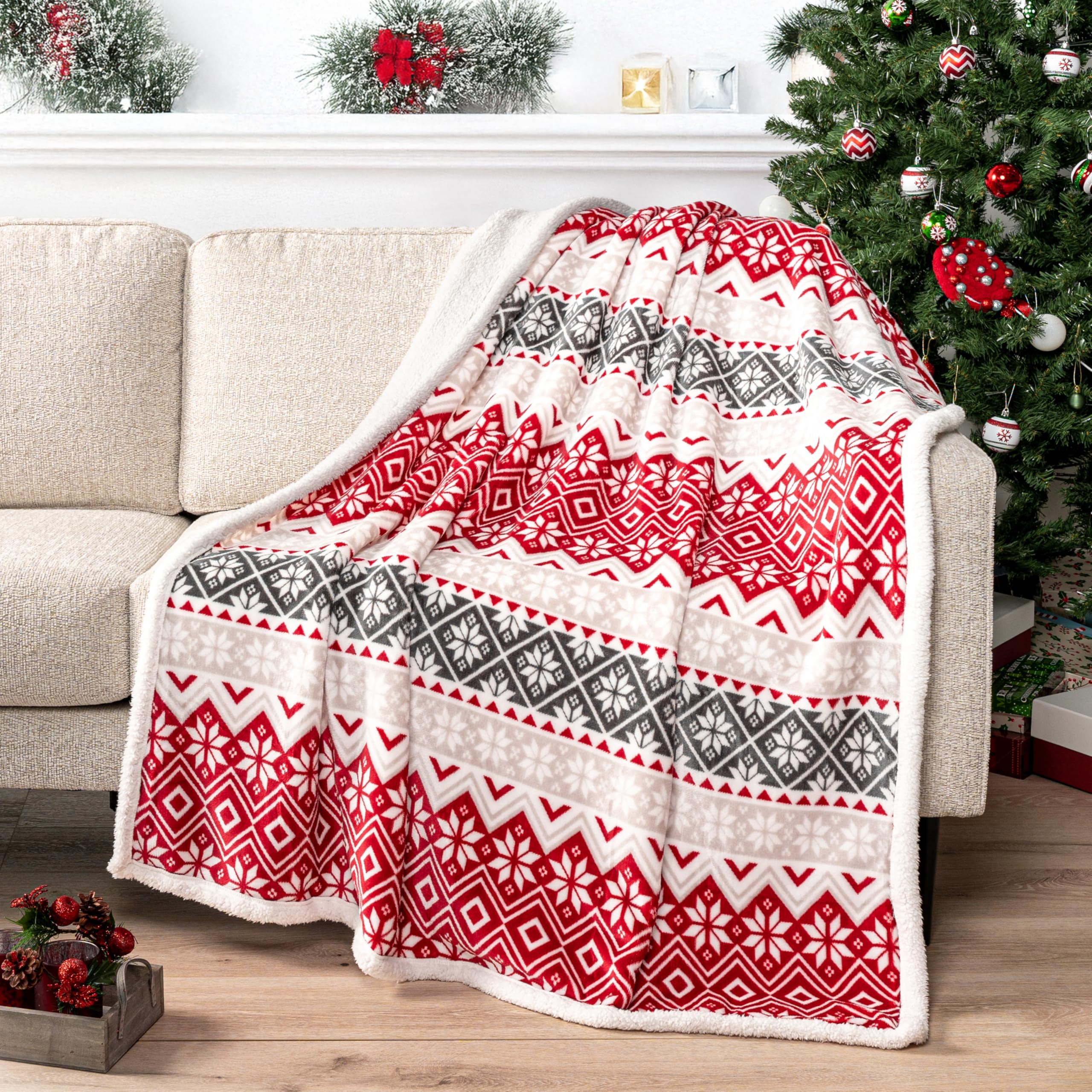 Cozy Reversible Snowflake Sherpa Fleece Holiday Throw Blanket 50 x 60