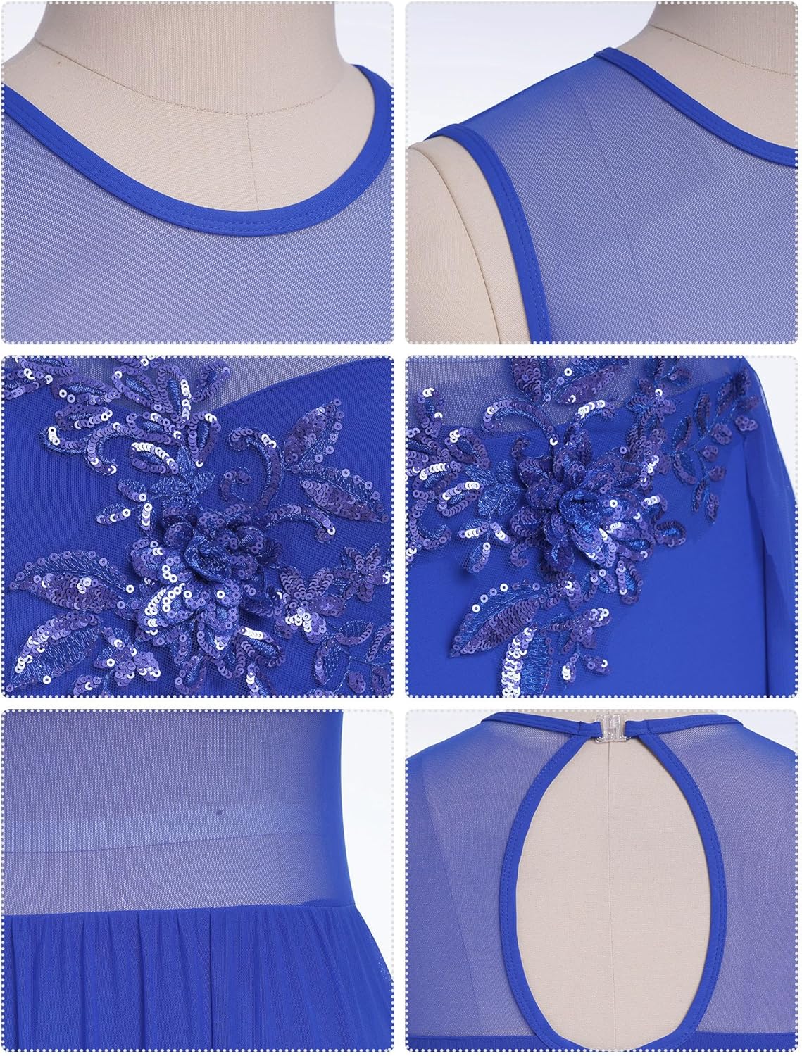 IBAKOM Women Lyrical Dance Costume Sheer Neck Sequins Leotard with High-Low Flowy Chiffon Skirt Contemporary Dance Outfits