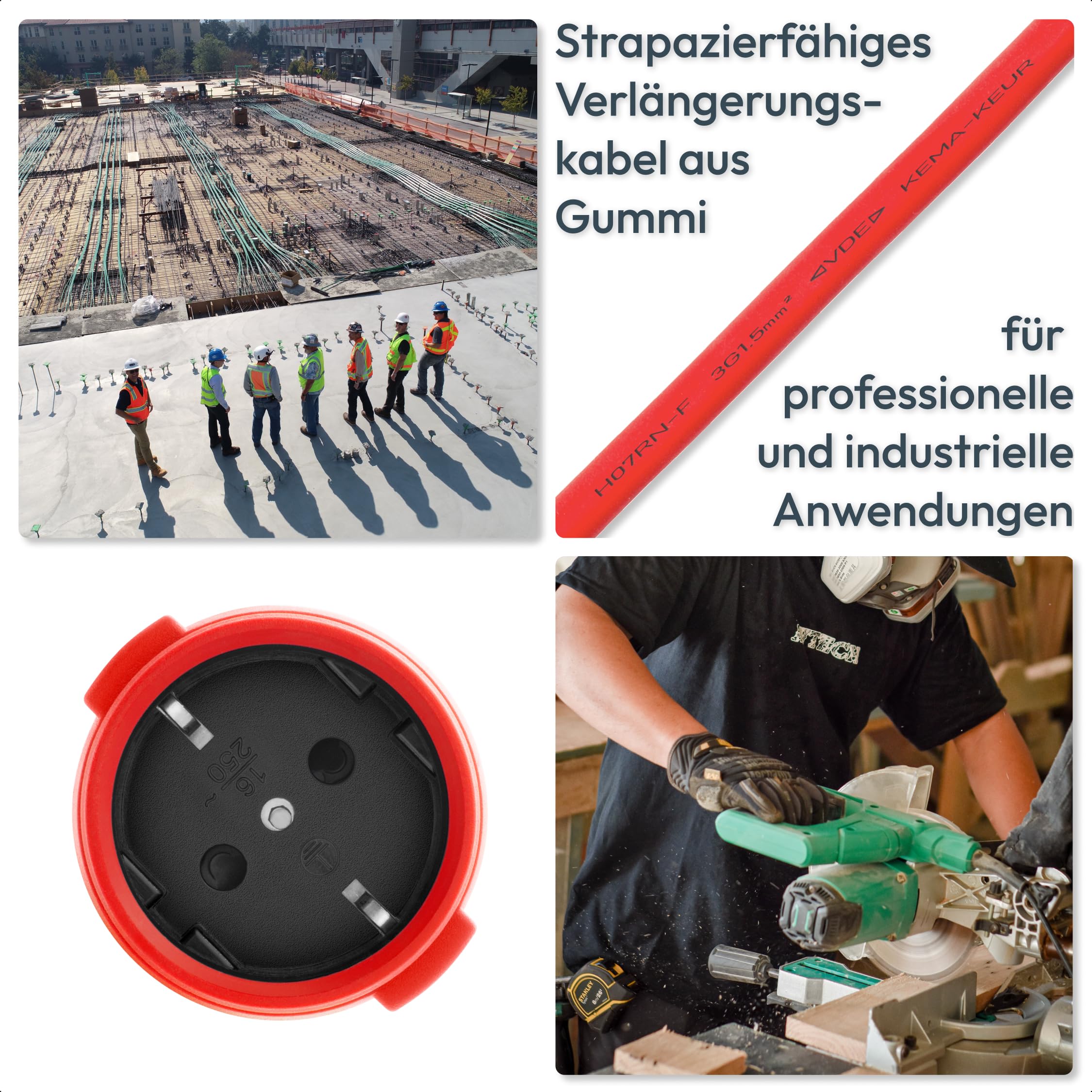 Rallonge en Caoutchouc 40 m pour Chantiers, ateliers, Industrie, pour Usage extérieur Permanent et Fortes contraintes mécaniques H07RN-F 3G1,5 mm² Rouge