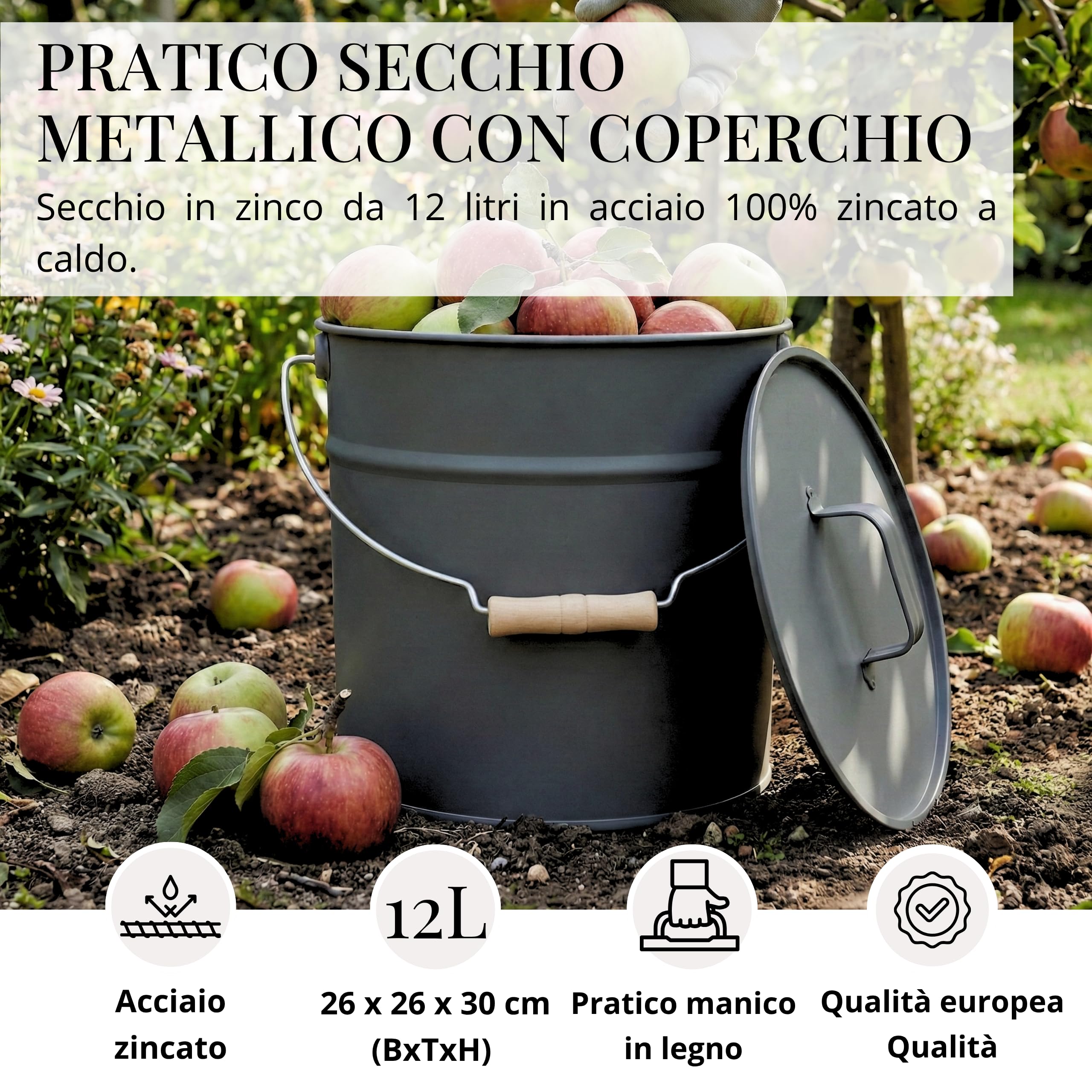 Livlig53 LIVLIG - Secchio in metallo con coperchio, secchio da giardino zincato e secchio per cenere in metallo robusto, elegante secchio con coperchio e manico in legno, qualità premium dall'Europa
