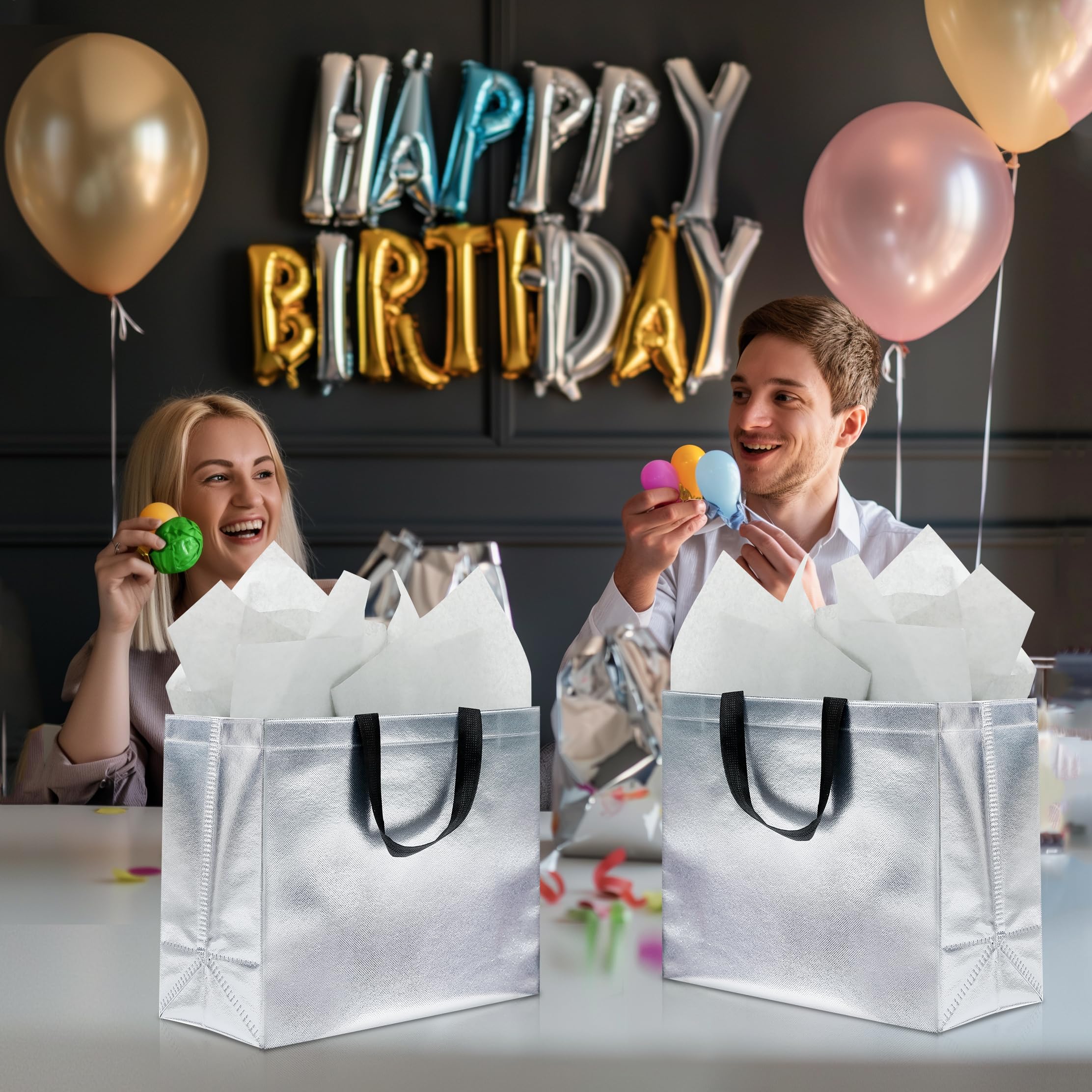 KeerxunBag 12Pcs Reusable Gift Bags（Includes Tissue Paper） Gift bag with handle Birthdays Parties Holidays Weddings Medium 13x5x11in Silver Gift Bags