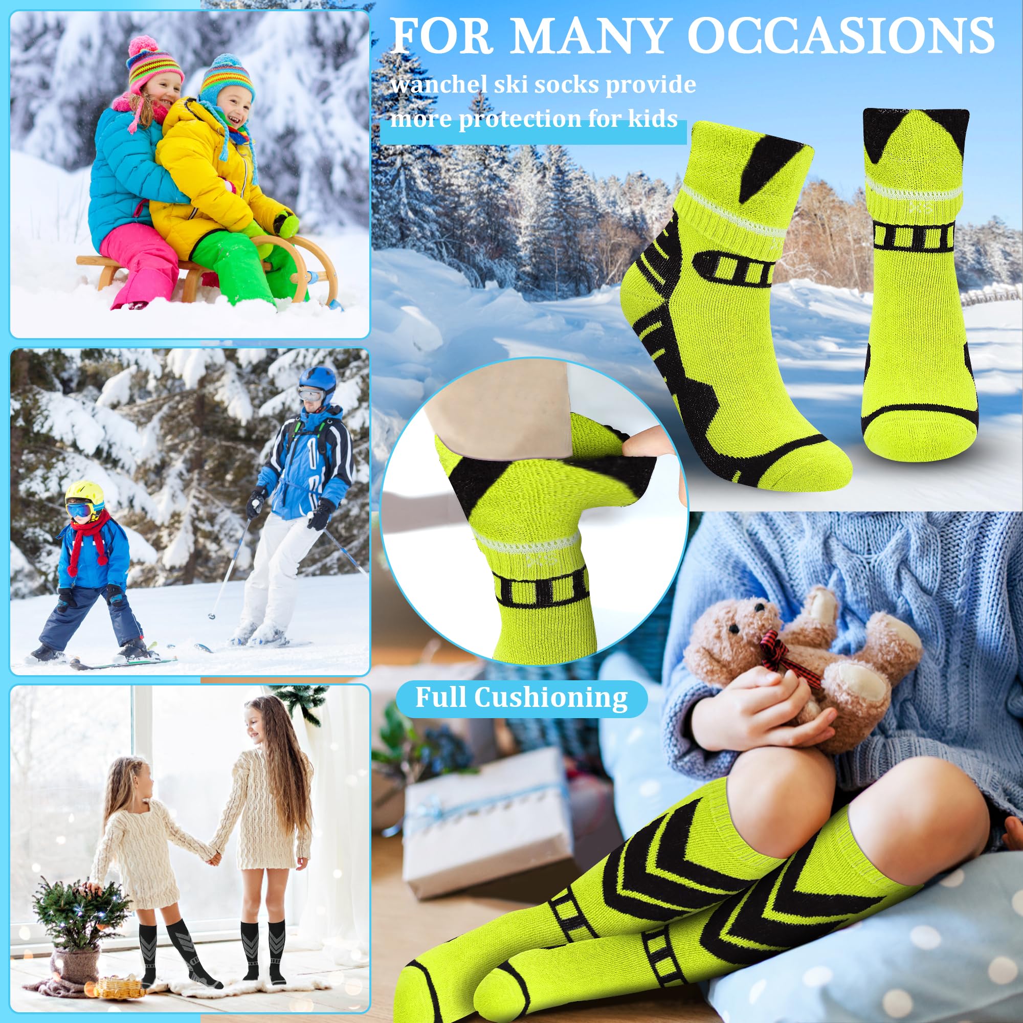 Chaussettes de ski chaudes pour enfants – 2 paires de chaussettes de ski en laine mérinos, chaussettes thermiques d'hiver chaudes pour le snowboard pour garçons et filles