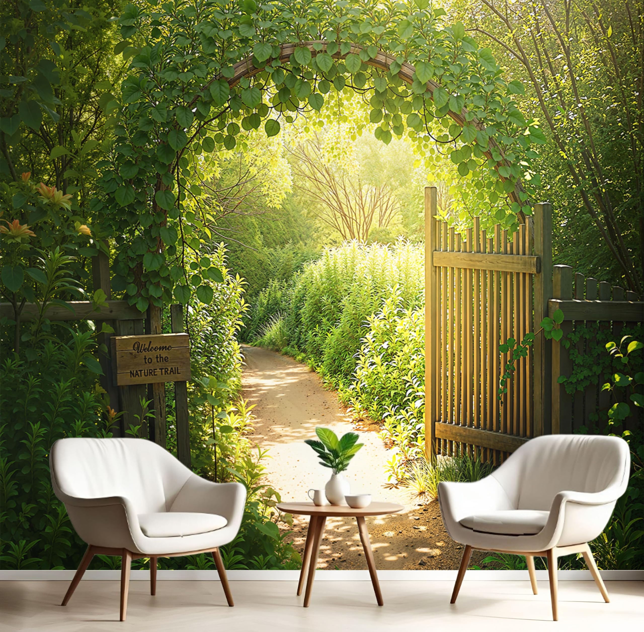 Carta Da Parati Effetto 3D Paesaggi rurali che infondono benessere 400x280cm Fotomurali seta, Porta in legno per giardino fresco Decorazione Poster Arte Murale Moderna per Casa Ufficio