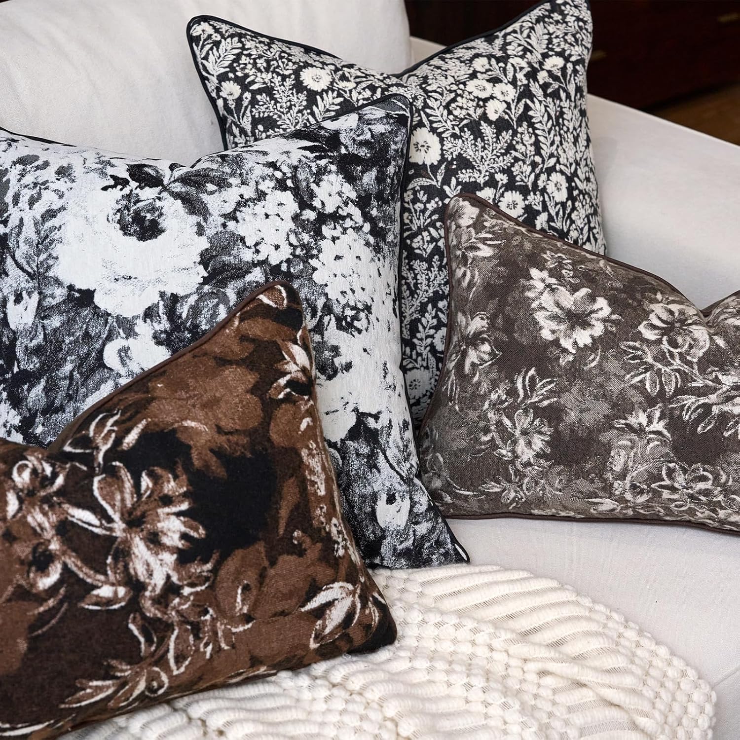 Aeckself Pack of 2 Decorative Chenille Floral Throw Pillow Covers Vintage Couch Pillow Covers 12 x 20 Inch Neutral Farmhouse Cushion Covers Home Decor for Sofa Bed Living Room Light Brown