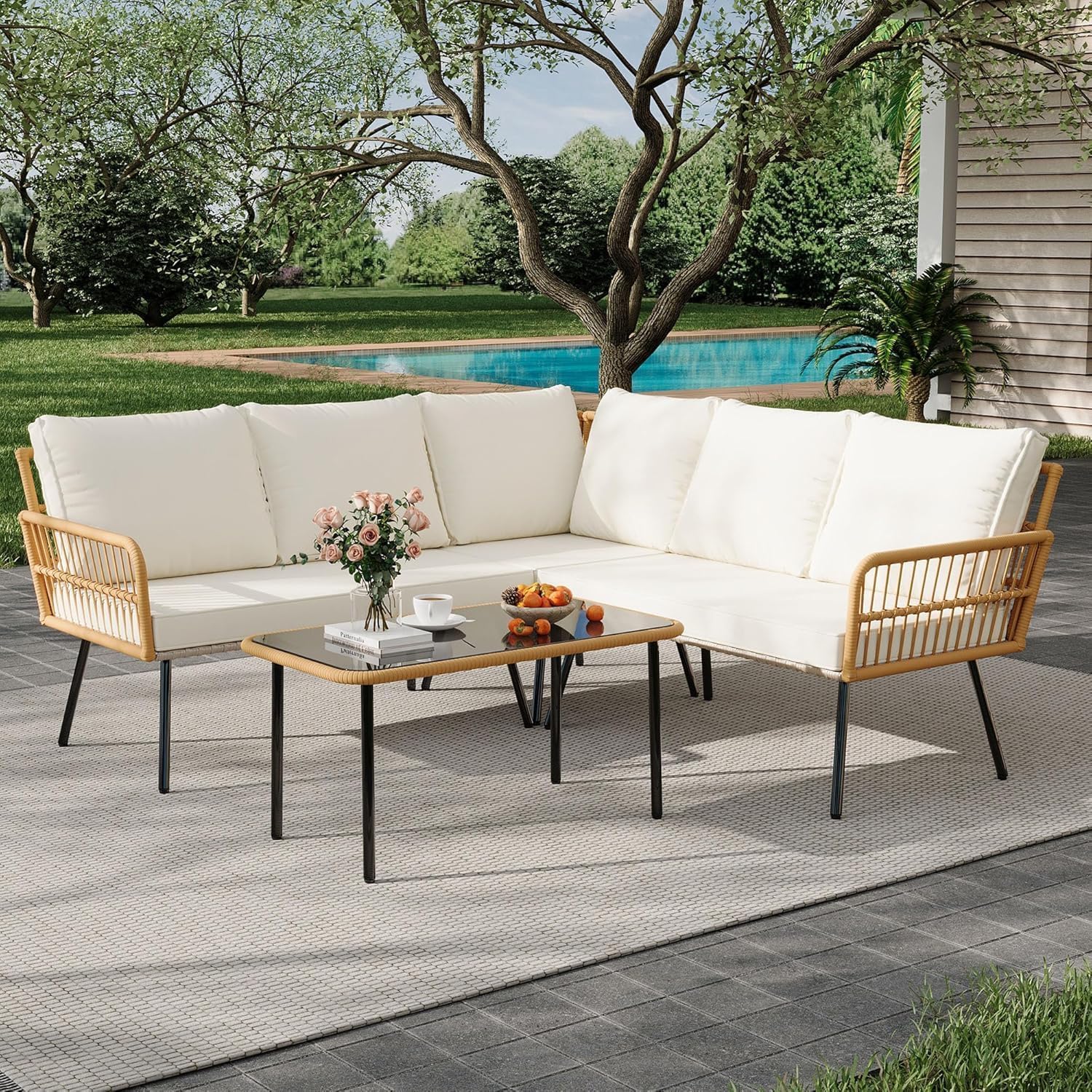 Photo 1 of GAOMON Patio Furniture Set 4 Pieces, Outdoor Sectional L-Shaped Patio Conversation Set, 5 Seater Furniture Set with A SideTable and Detachable Cushions, for Backyard, Porch, Lounge - Beige