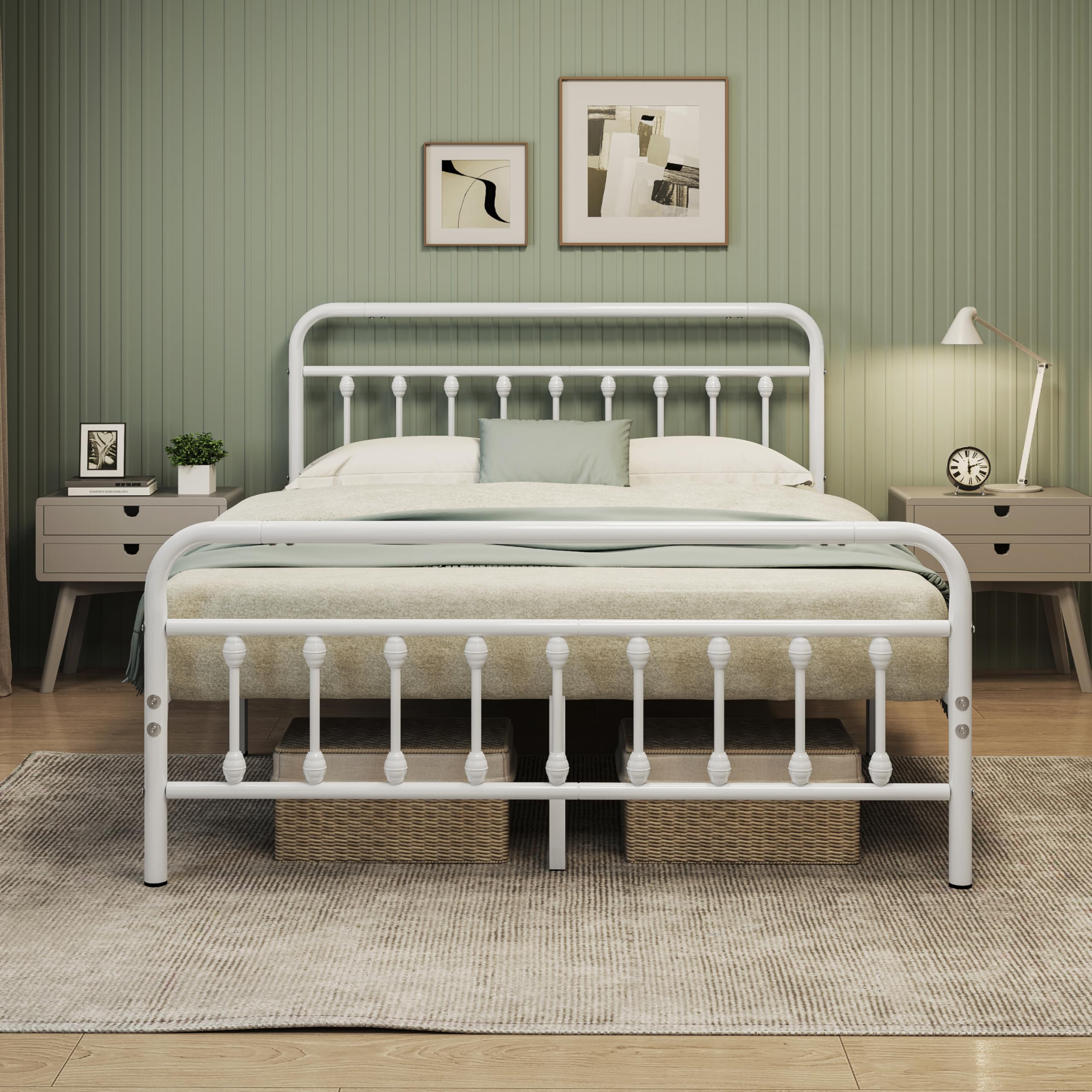 Metal Bed Frame 5ft King Vintage Iron Platform Bed with High Headboard and Footboard,White