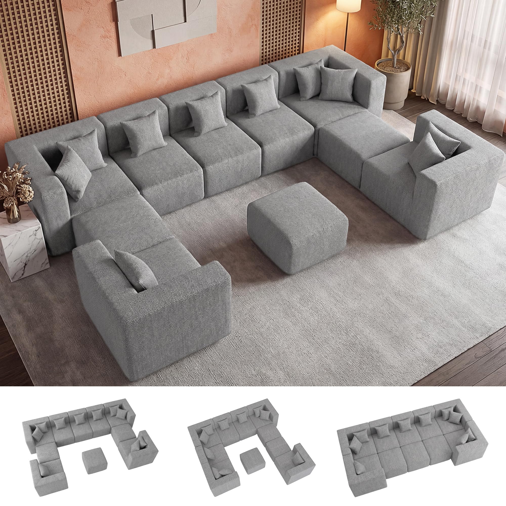 MONVANE Modular Sectional Sofa, Oversized 10 Seat Convertible U Shaped Couch with Ottoman, Comfy Chenille Deep Seat Cloud Couch, Sectional Couches for Living Room, No Assembly Required, Light Grey