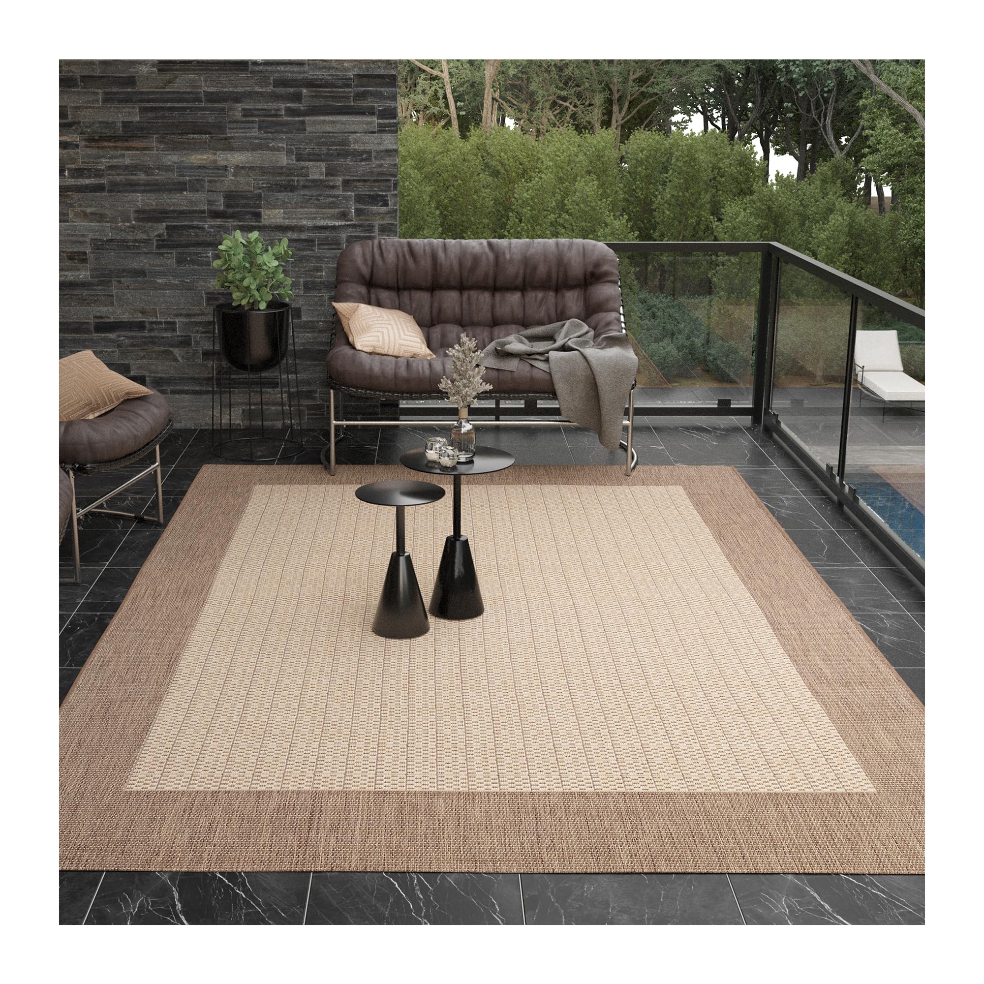 Couristan Recife Indoor Outdoor Rug - Checkered Field 7'6" Square in Natural and Cocoa, Hose Washable, Low Pile, Pet- Kid Friendly Home Decor for