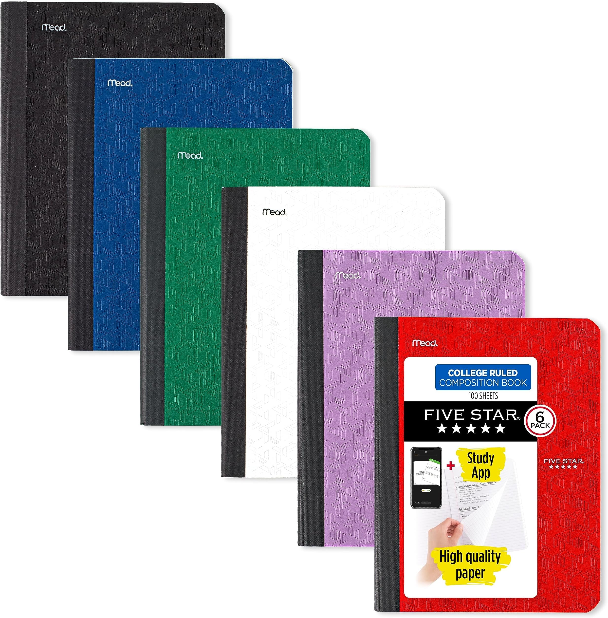 Composition Notebooks, 6 Pack, College Ruled Paper, 9-3/4" x 7-1/2", 100 Sheets per Comp Book, Black, Red, Green, Blue, White, Purple (72944)