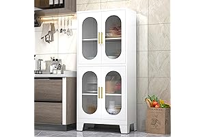 Modern Tall Cabinet with Glass Doors - 61" White Pantry Storage Cabinet for Kitchen