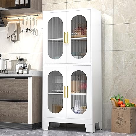 Modern Tall Cabinet with Glass Doors - 61" White Pantry Storage Cabinet for Kitchen