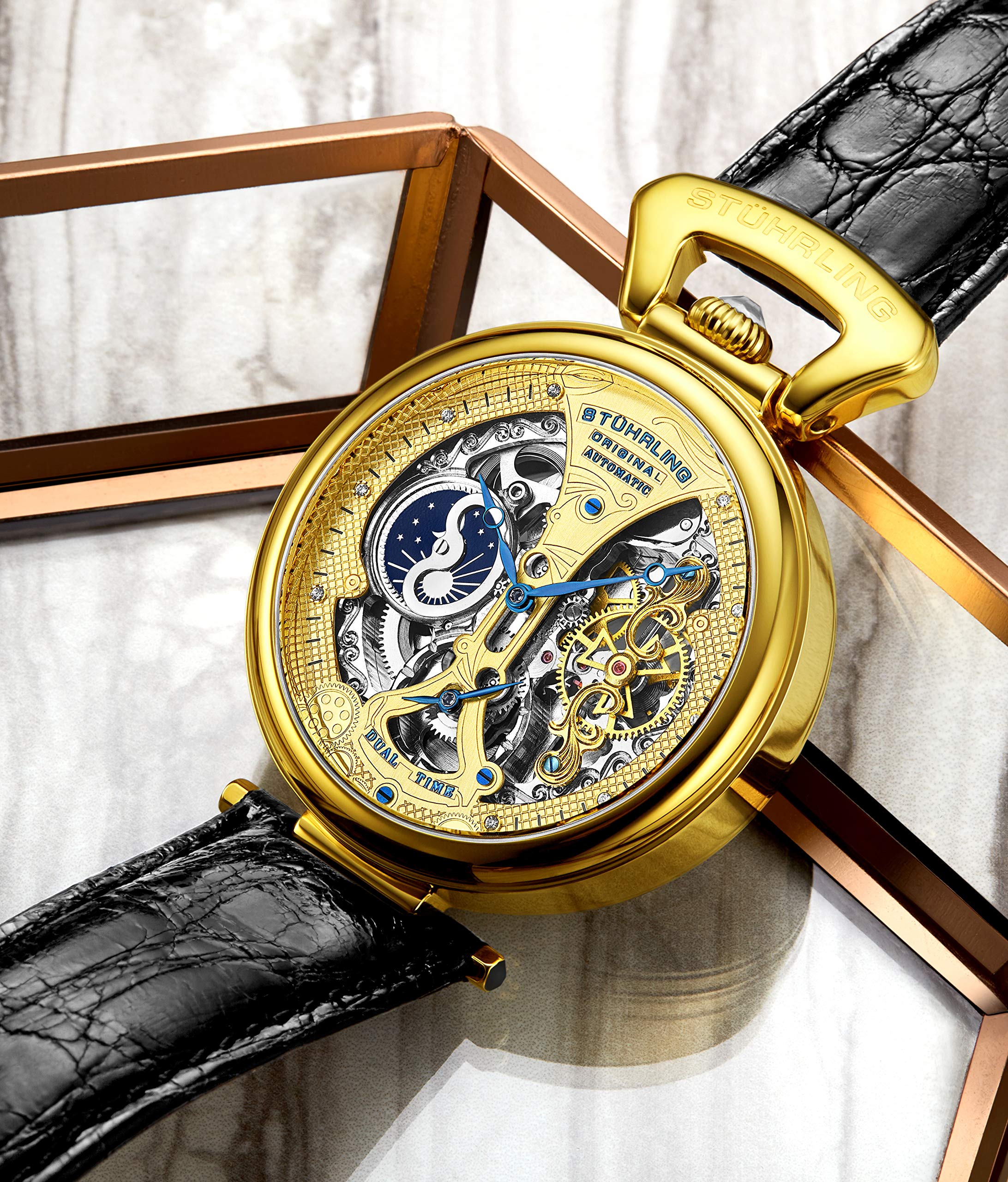 Stührling Original Mens Skeleton Watch Dial Automatic Watch with Calfskin Leather Band and - Dual Time AMPM Sun Moon Gold product thumbnail 4