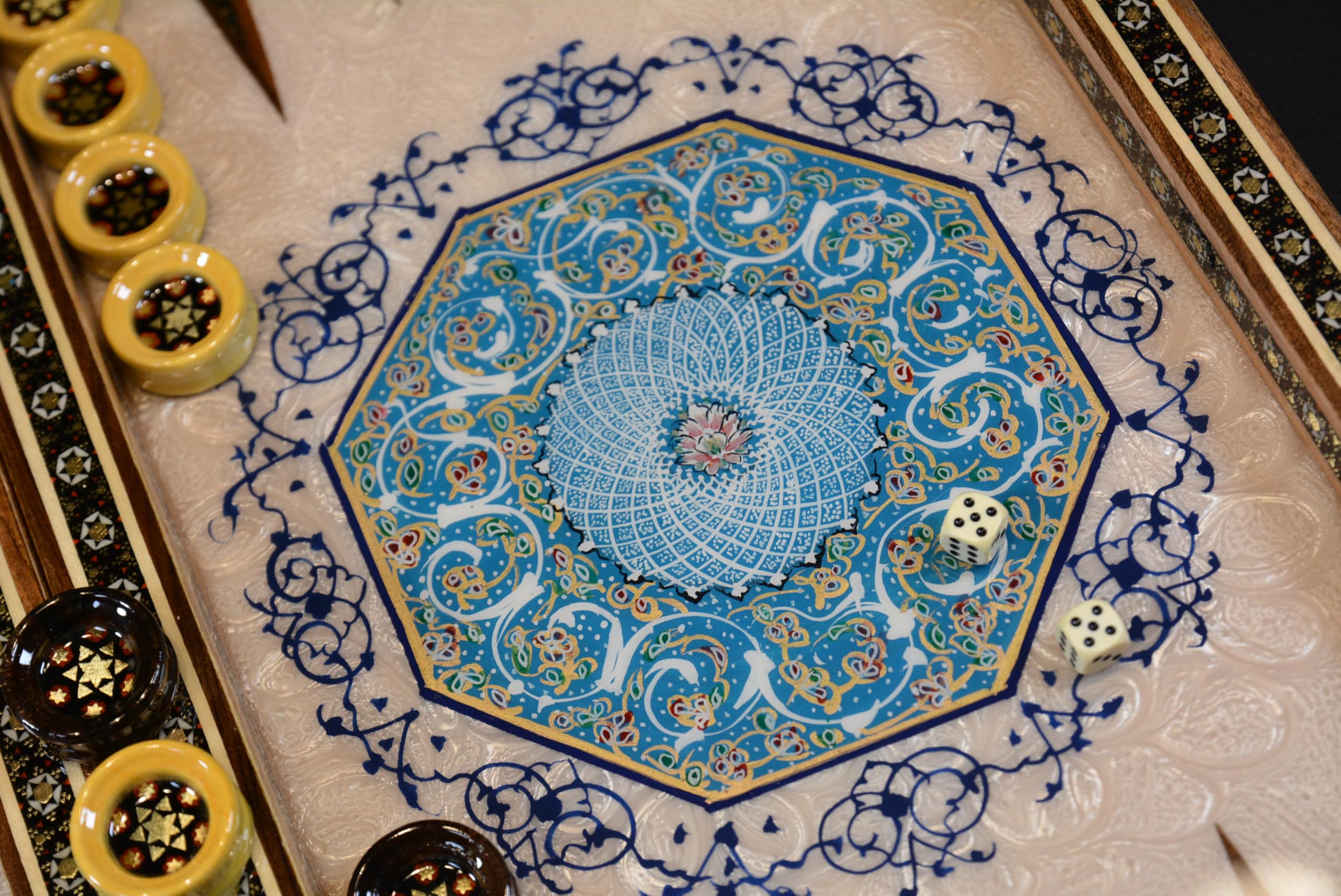 Collection d'échecs de backgammon - Fabriqué à la main en bois avec motif marqueterie et peint à la main avec motif floral - Avec mallette de protection, dés et pions - 50 x 50 x 3,5 cm (motif floral