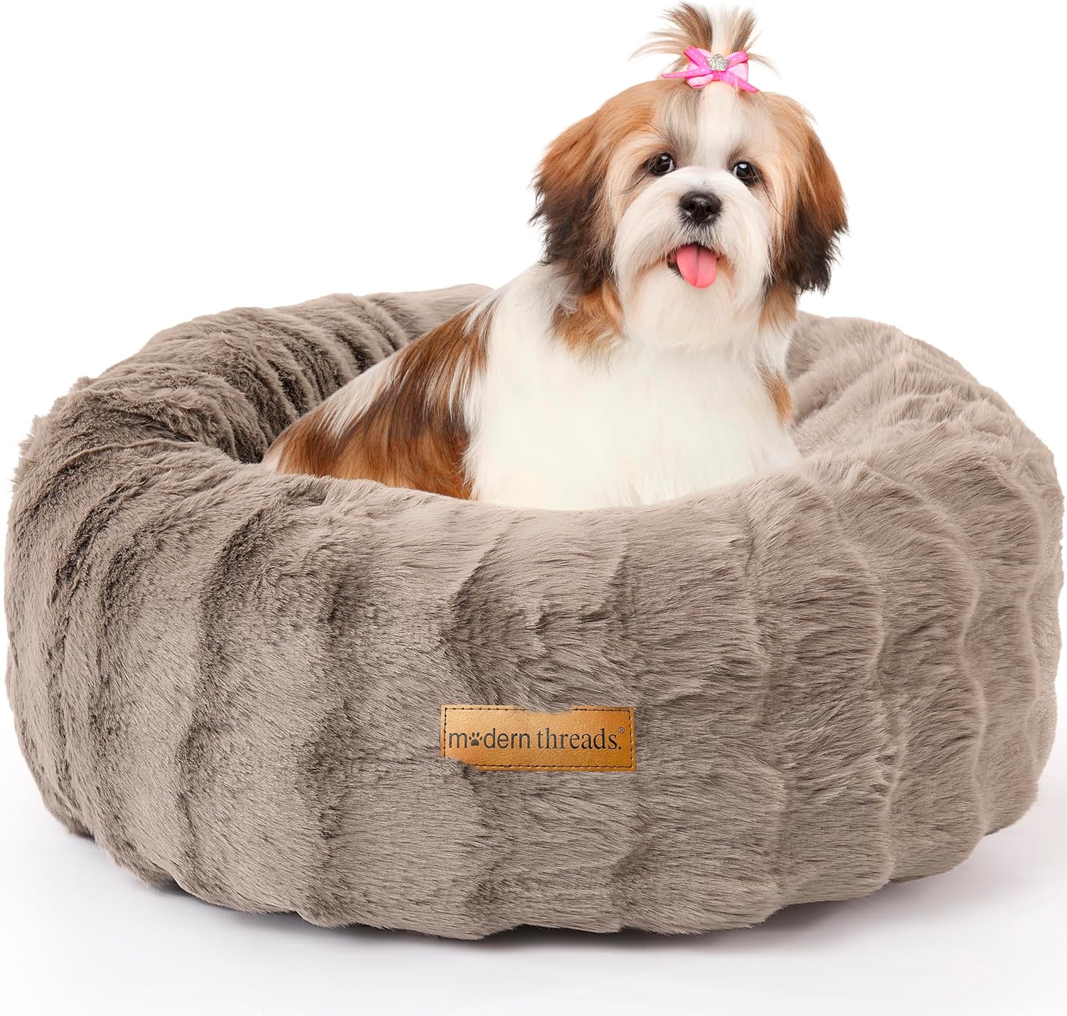 Modern Threads Calming Donut Dog Bed for Medium Dogs, Plush Round Faux Fur Pet Bed with Raised Bolster, Soft Washable Dog Bed, 30x30x9, Taupe