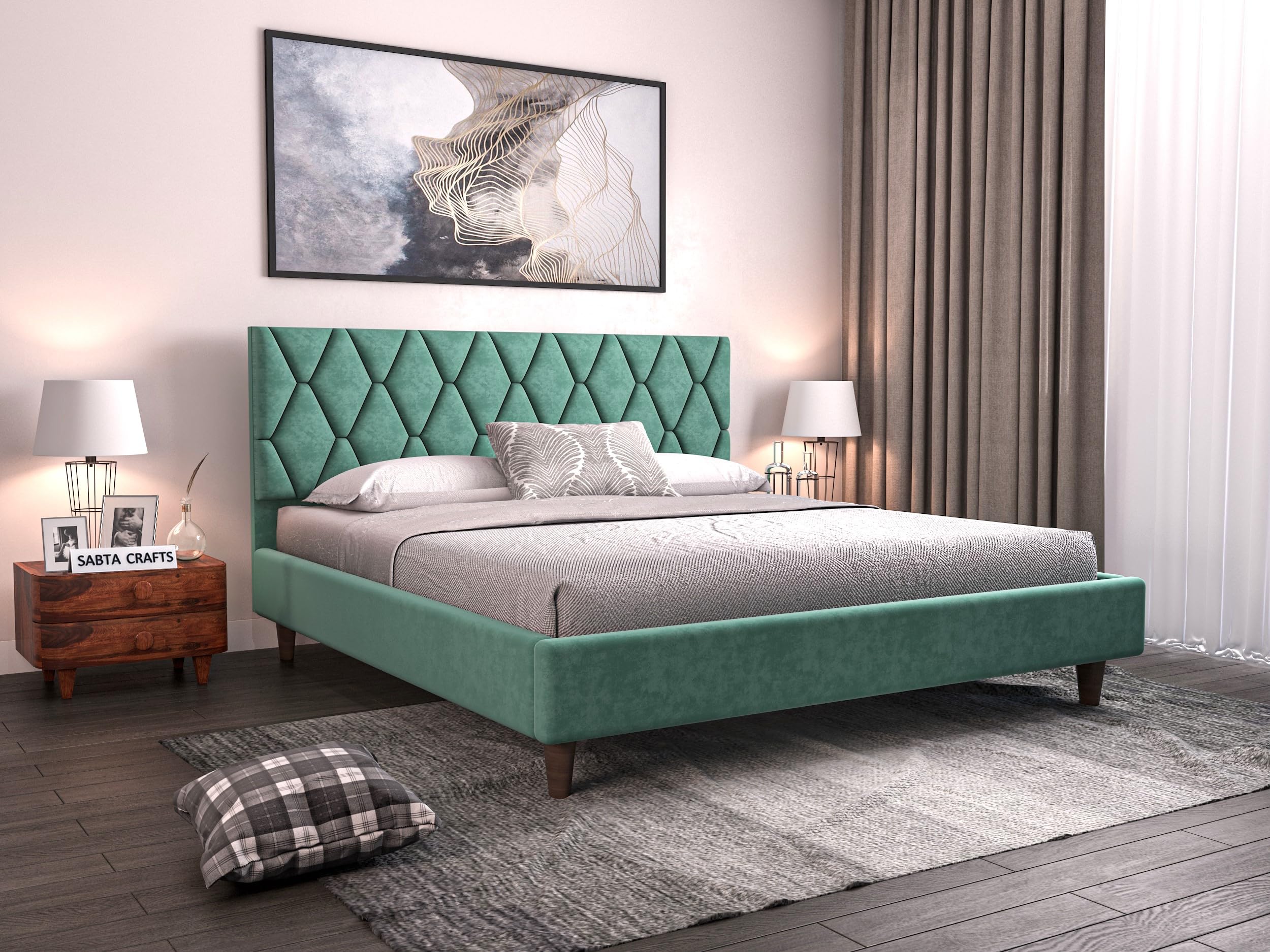 SABTA Craft Modern Upholstered Queen Size Bed for Bedroom | Wooden Double Bed | Platform Cot Bed with Upholstery Premium Fabric | 6.5 x 5 Ft | Sheesham Solid Wood (Rosewood, Green) (B0D8M75QTS) Amazon Price History, Amazon Price Tracker